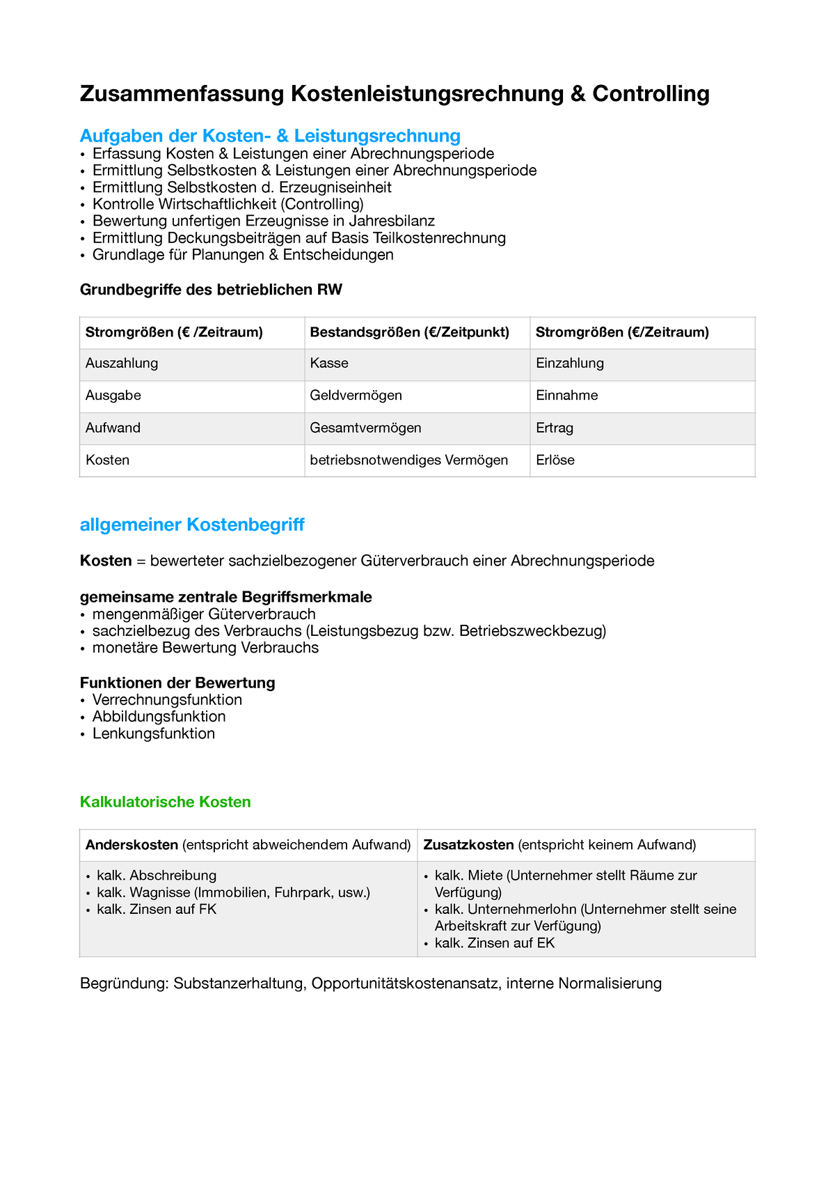 Zusammenfassung Controlling - Zusammenfassung Kostenleistungsrechnung ...