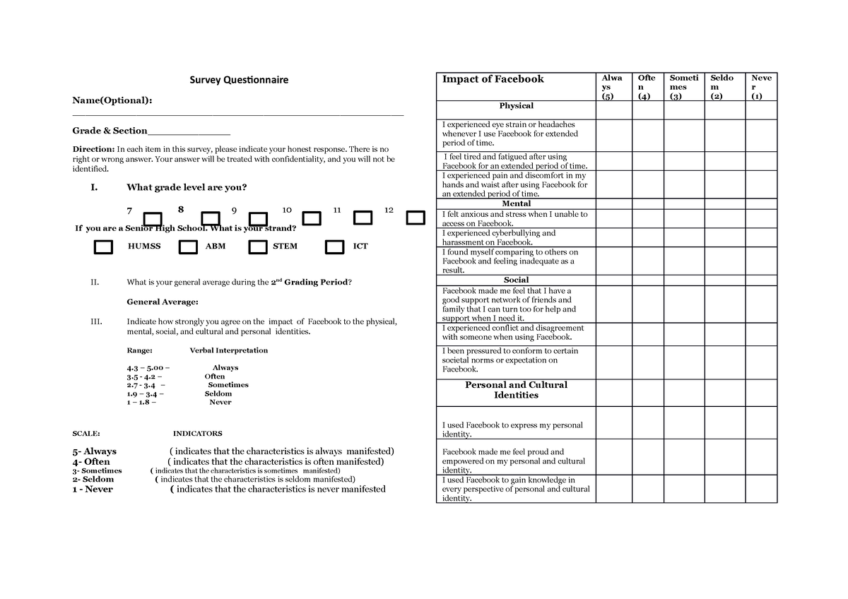 Survey Questionnaire Final - Survey Questionnaire Name(Optional): - Studocu