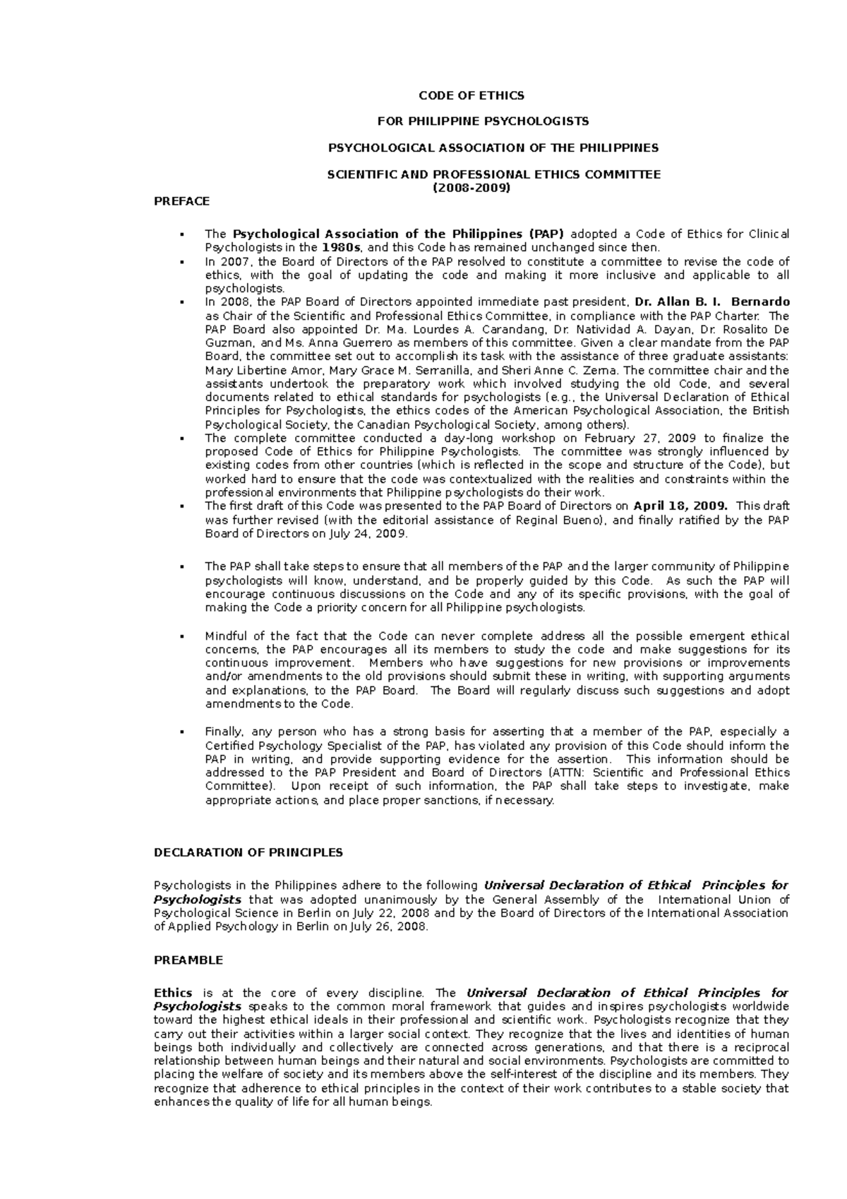 PAP code of ethics CODE OF ETHICS FOR PHILIPPINE PSYCHOLOGISTS