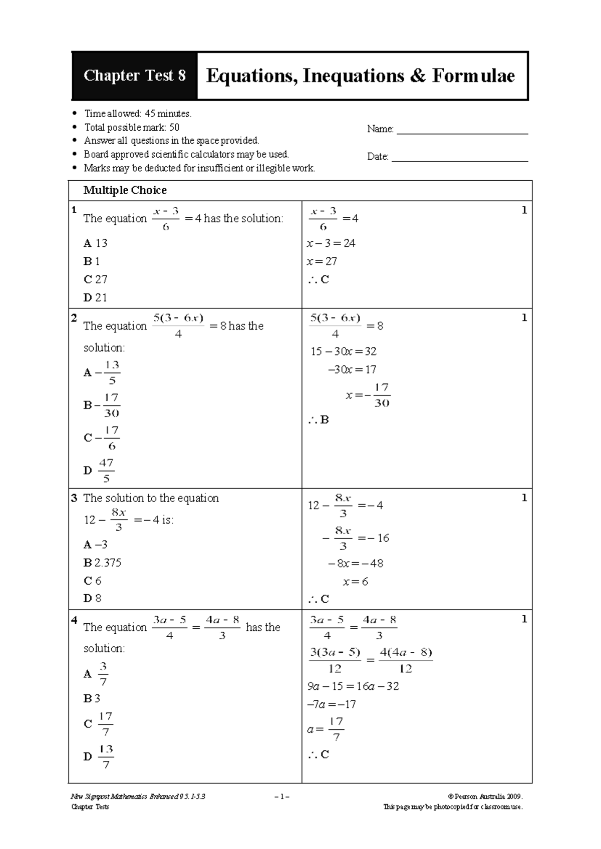 9 5.3CT8 Equations, Inequations & Formulae - Chapter Test 8 Equations ...