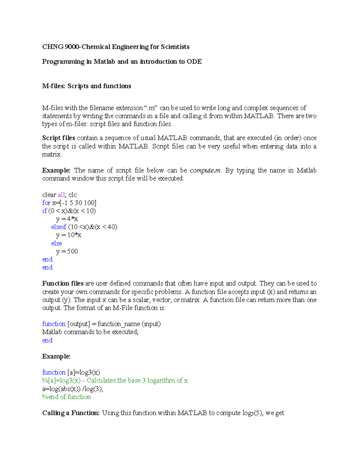 W9 Matlab introduction to ODE CHNG 9000Chemical Engineering for