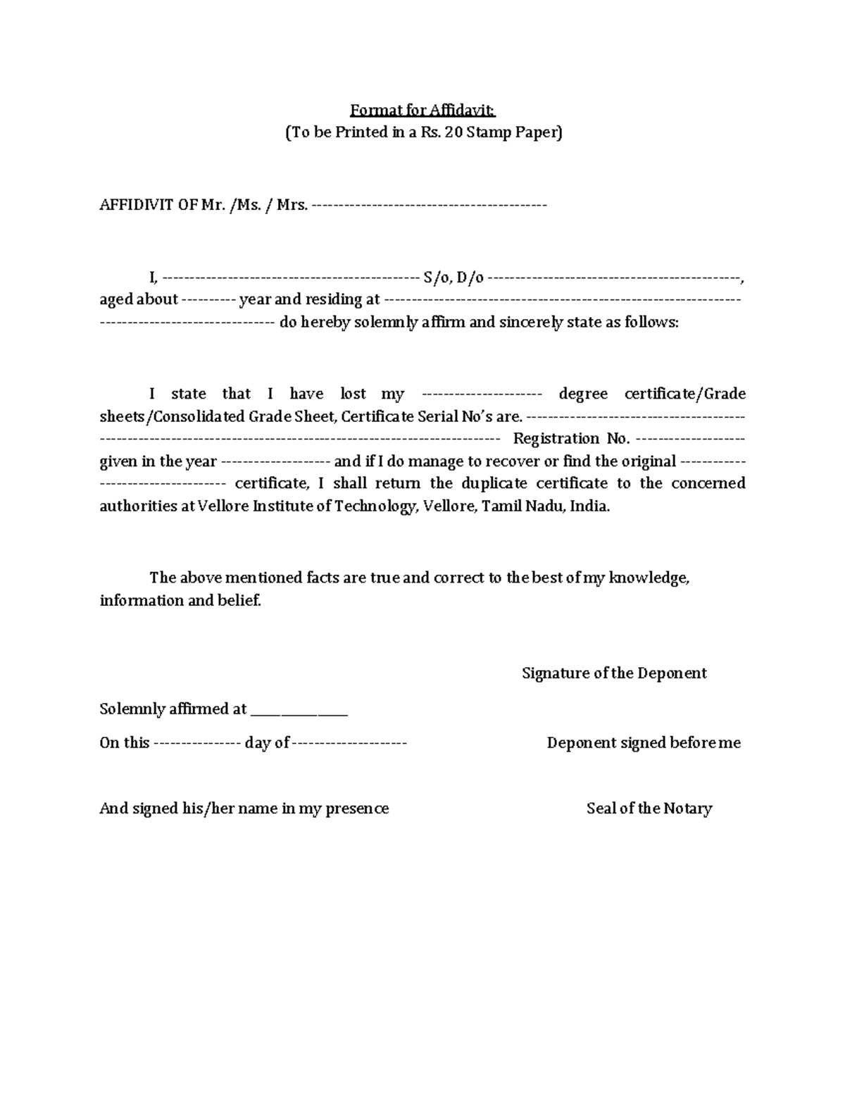 Format-for-affidavit - Format for Affidavit: (To be Printed in a Rs. 20 ...