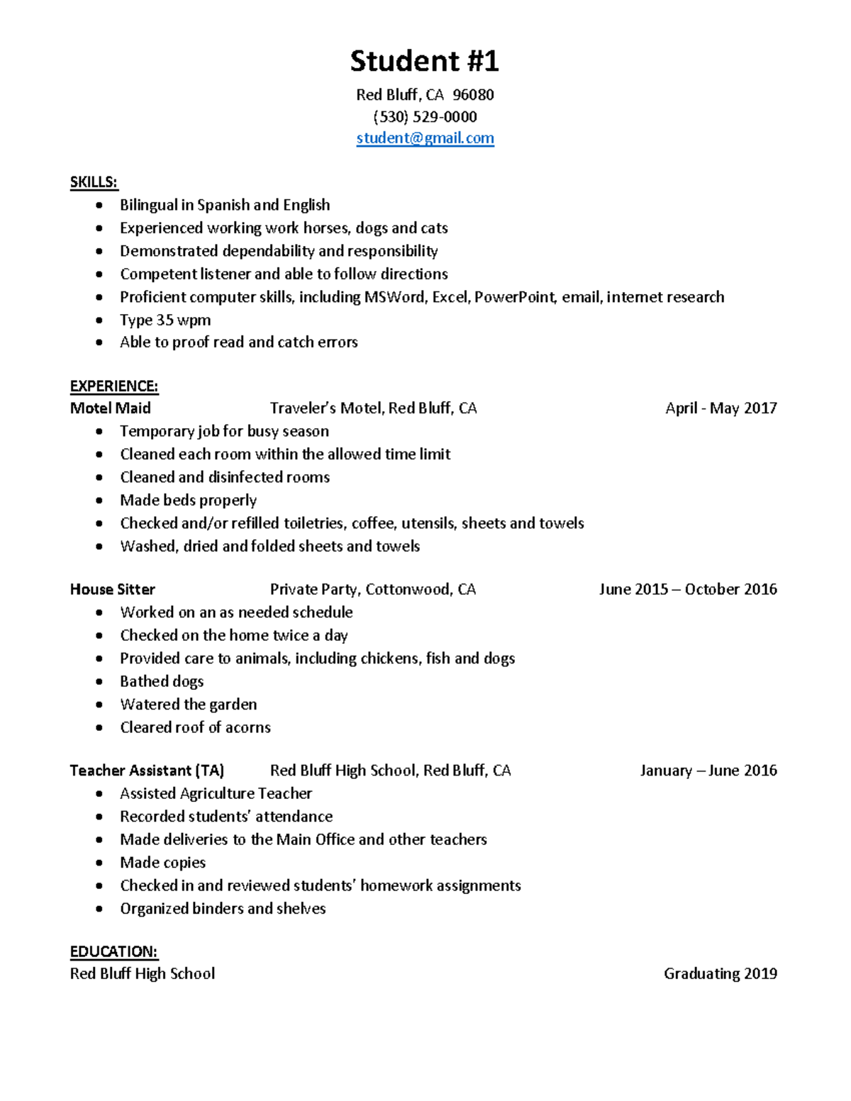 Sample-resumes - Red Bluff, CA 96080 (530) 529- student@gmail SKILLS ...