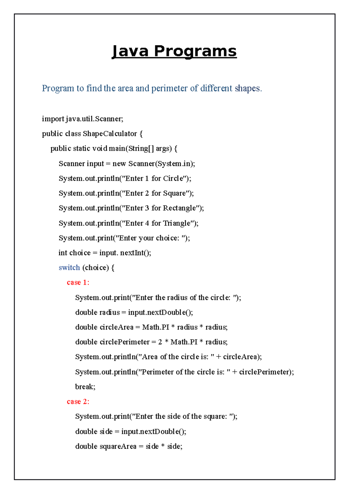 Java Programs - Java Programs Program to find the area and perimeter of ...