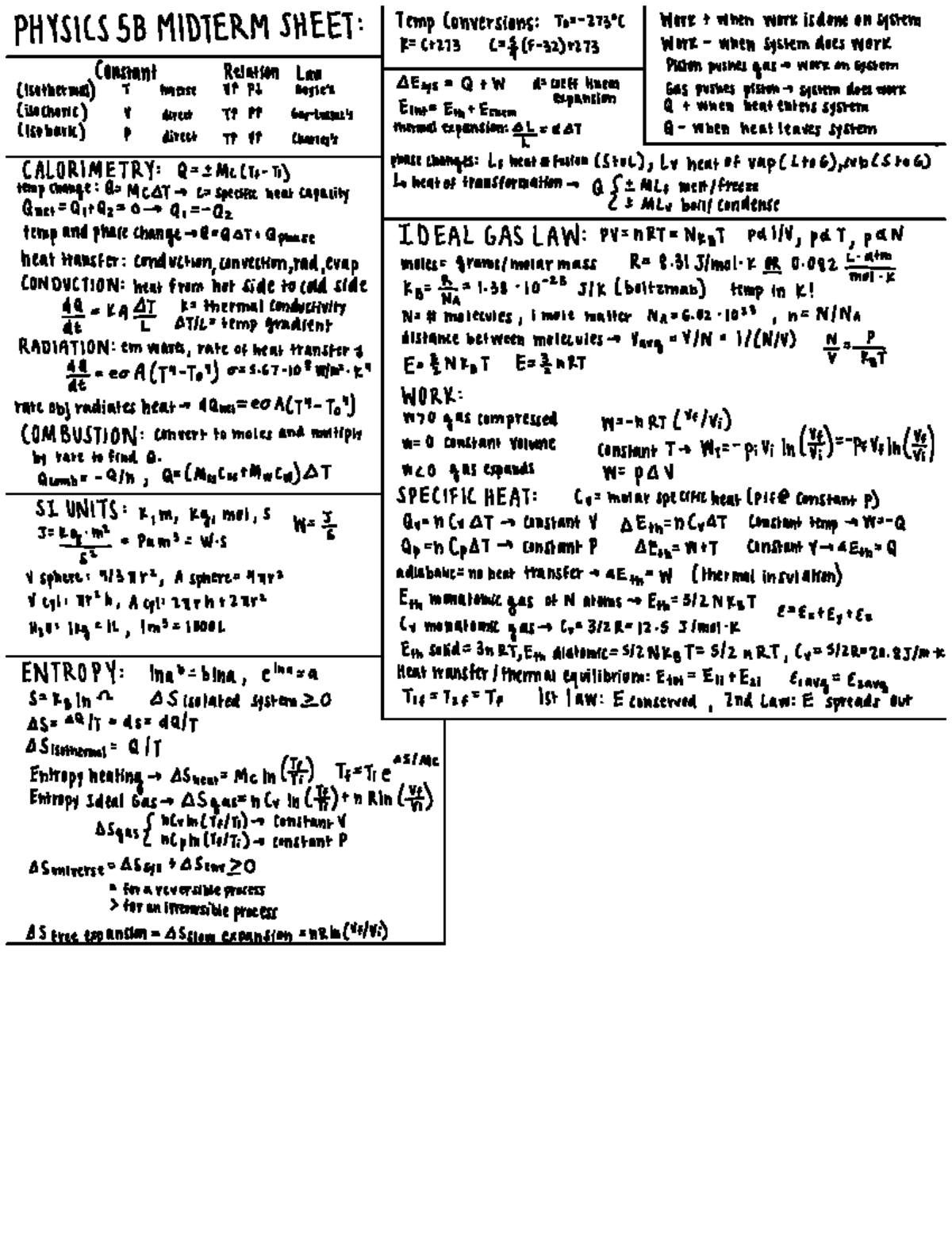 Physics 5B Cheat Sheet - THYS S 513 MIDTERMSHEET TempConversions To ...