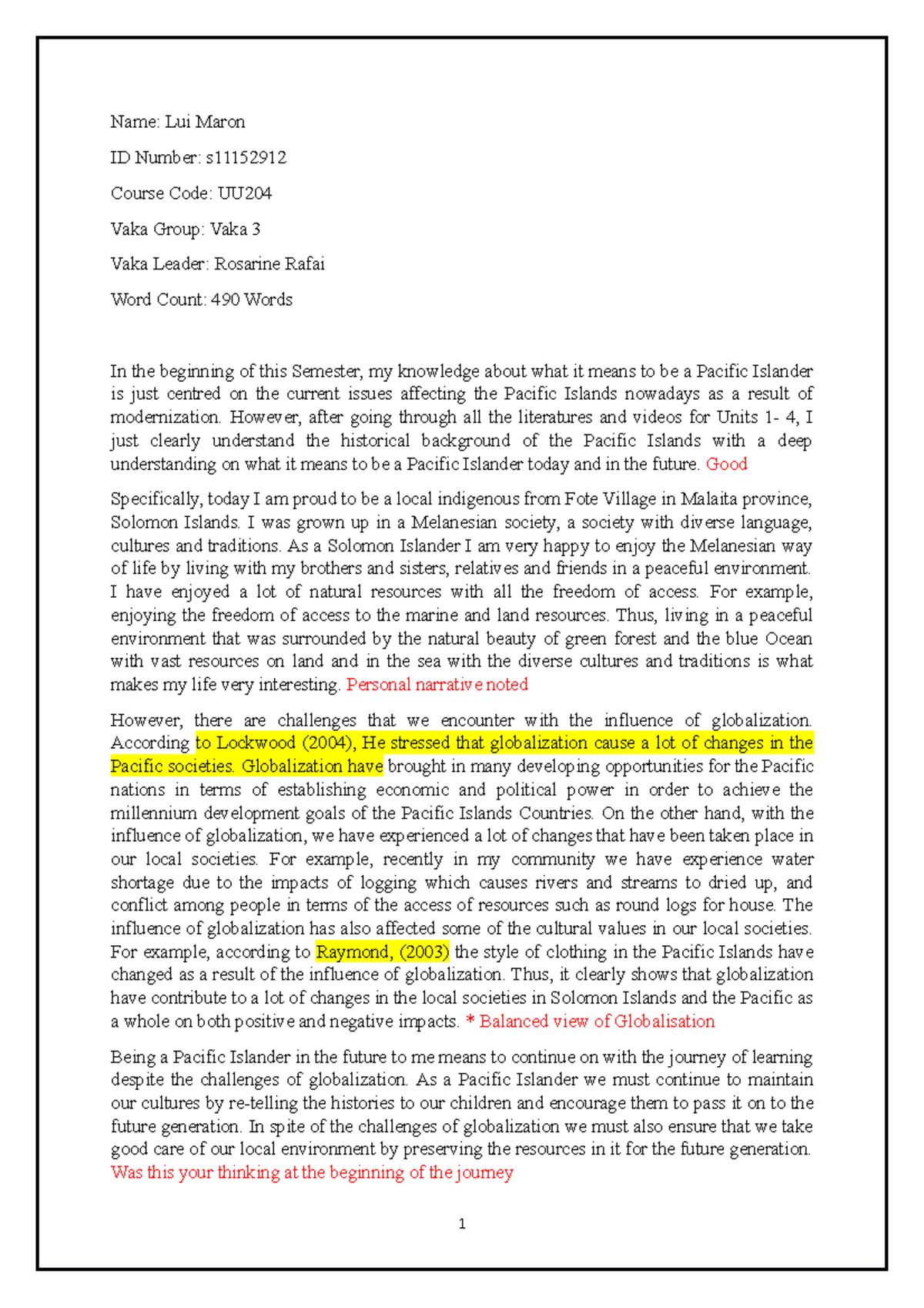 Lui assessments Name Lui Maron ID Number s Course Code UU Vaka