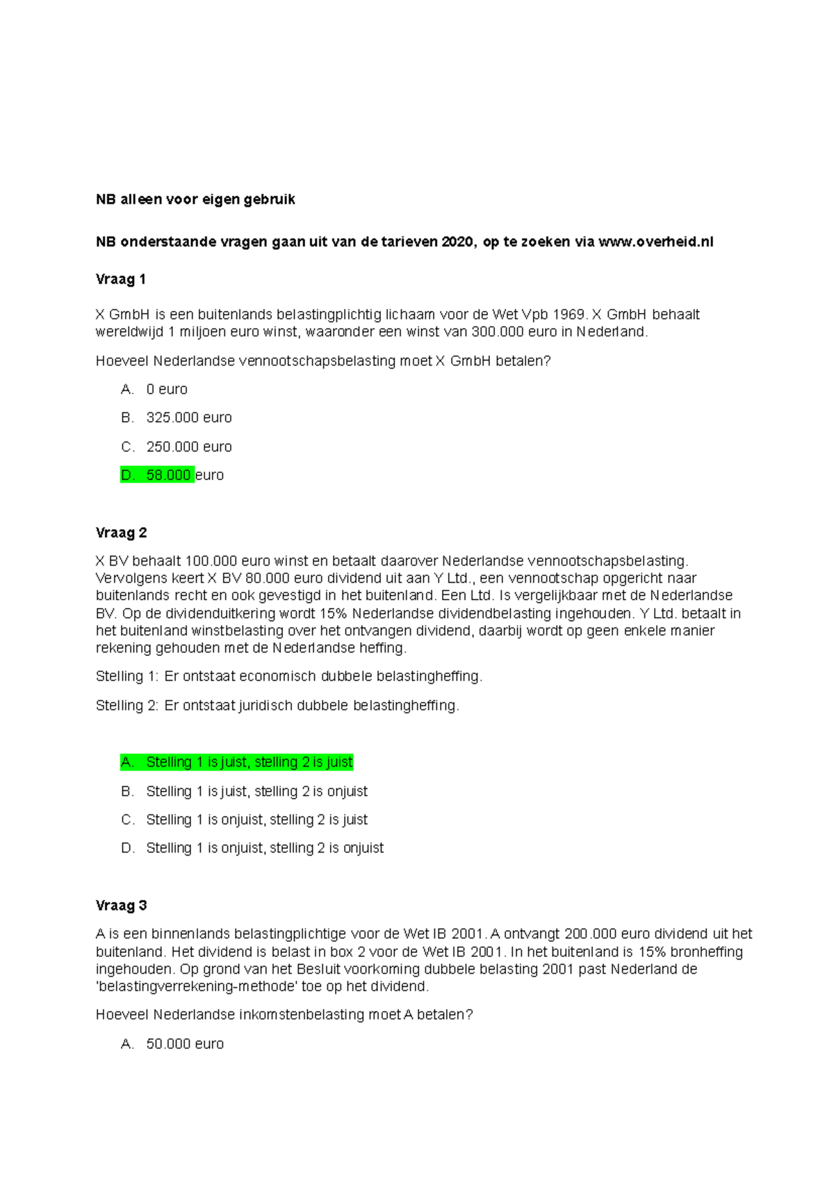 Oefenvragen Deel II Vak (met Antwoorden) 2022 - NB Alleen Voor Eigen ...