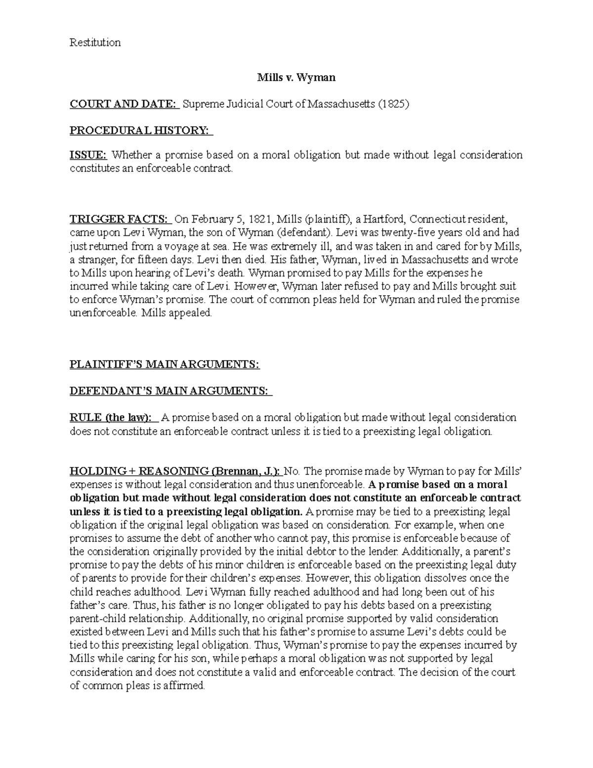 Mills v. Wyman Brief Restitution Mills v. Wyman COURT AND DATE