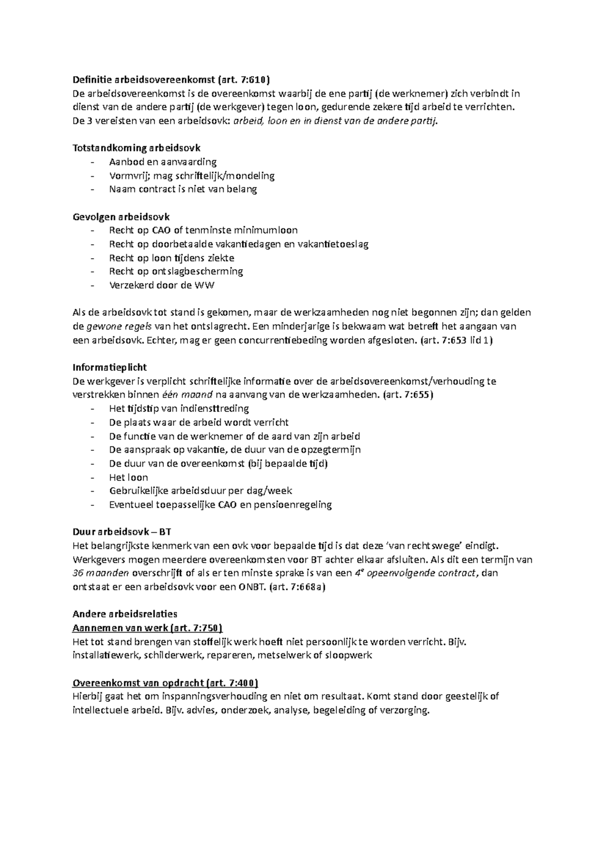 Samenvatting Arbeidsrecht Begrepen - Definitie Arbeidsovereenkomst (art ...