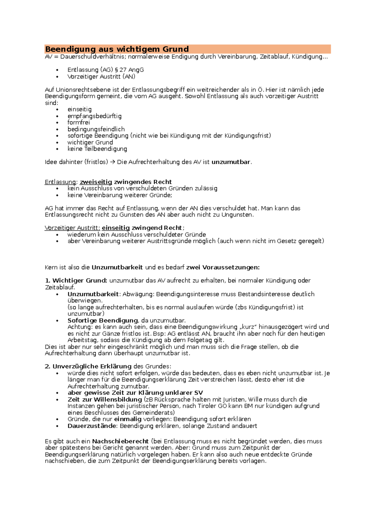 Beendigung aus wichtigem Grund - .. Entlassung (AG) § 27 AngG ...