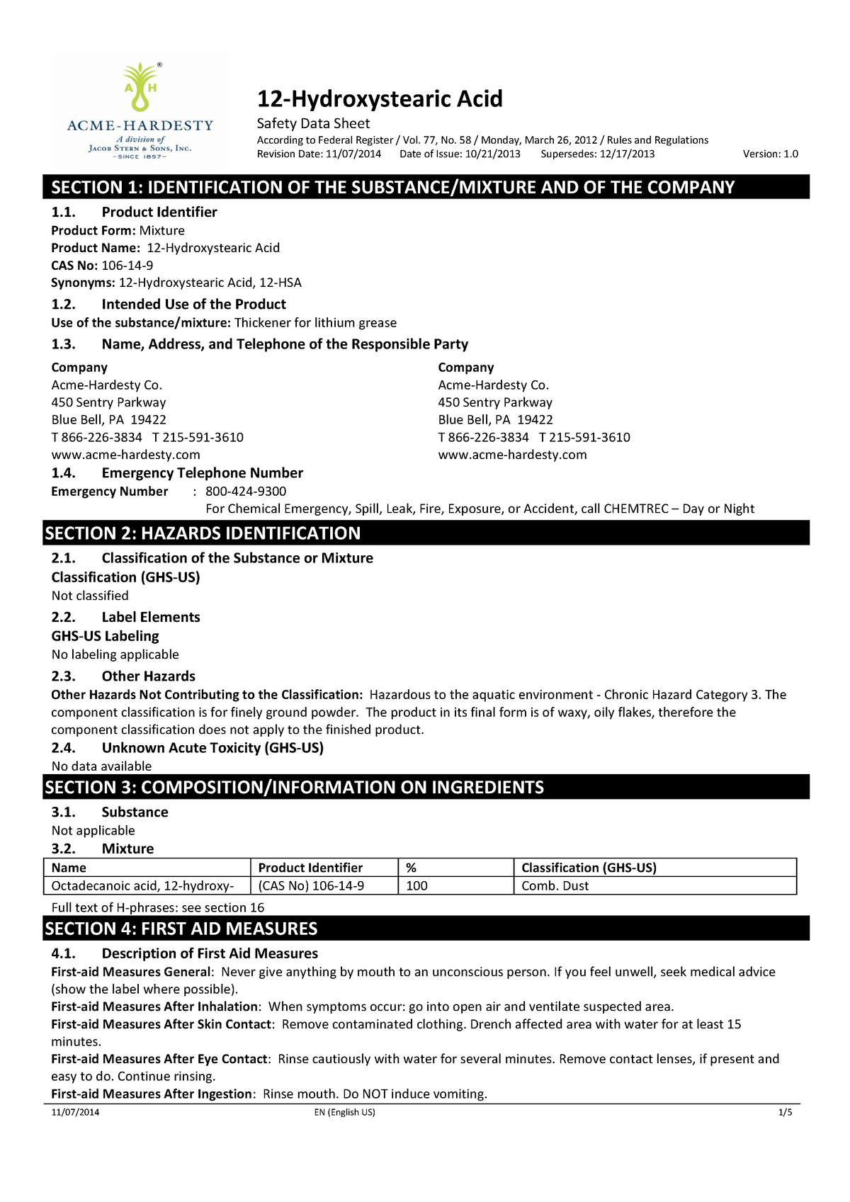 12 Hydroxy Stearic Acid SDS Safety Data Sheet According to Federal