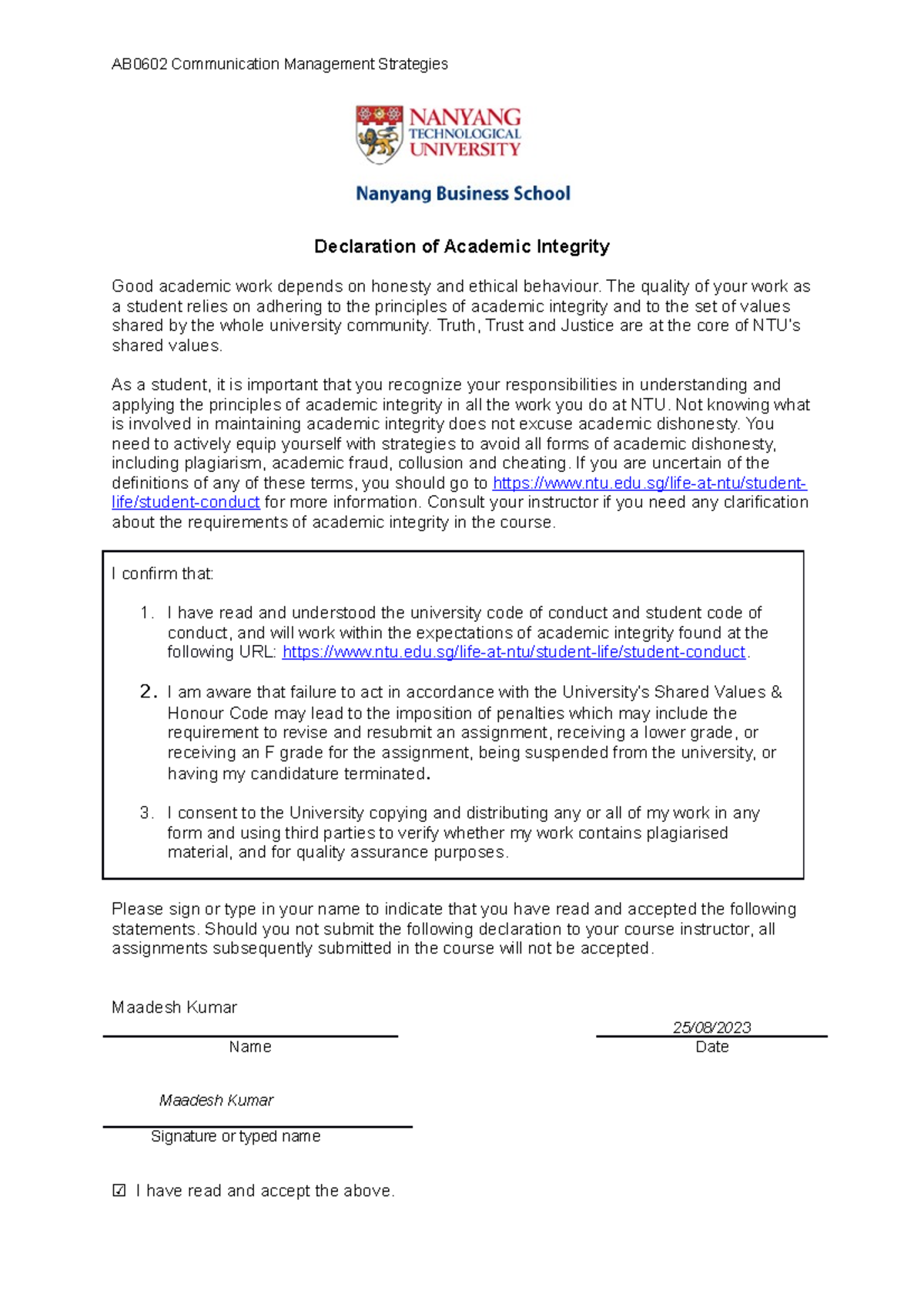 AB0602 AY23-1 Declaration Of Academic Integrity (DT) 230102 - AB0602 ...