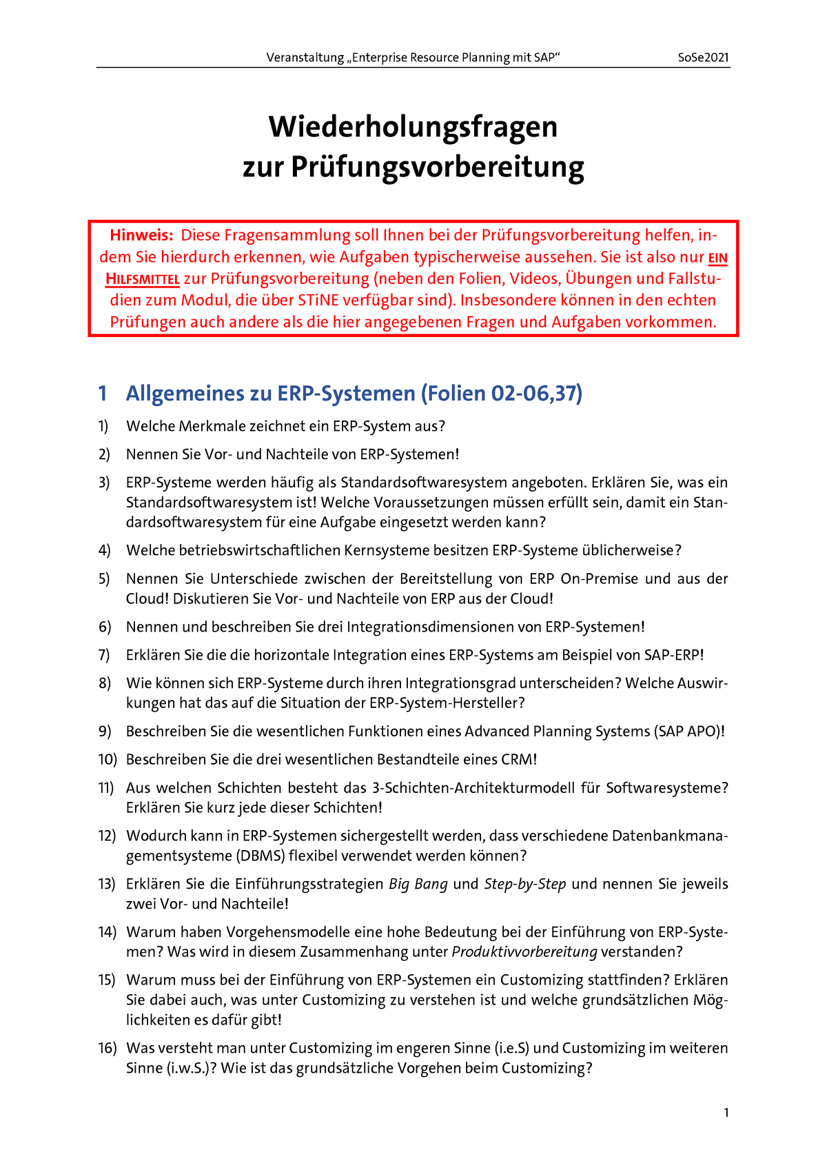 ERP-2021 Prüfungsvorbereitung-Wiederholungsfragen - Wiederholungsfragen ...