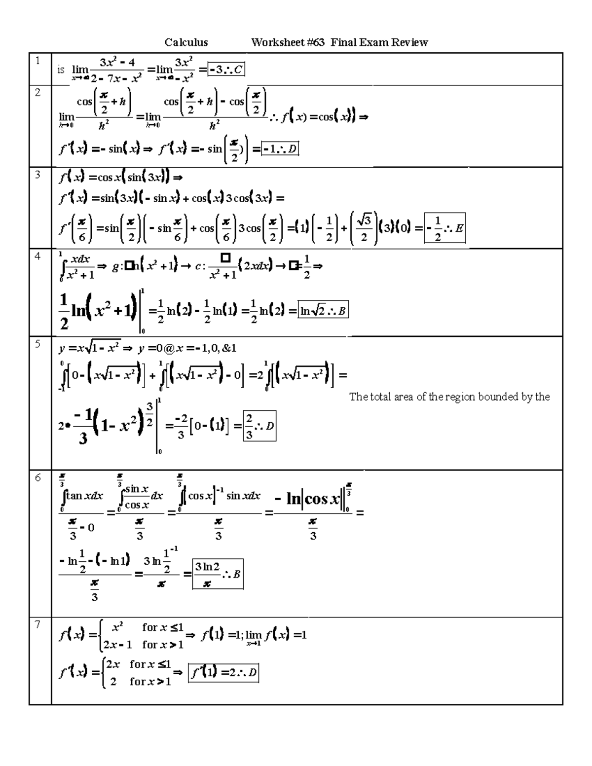 AB ws 063 Final Exam Review 2019 sols - Calculus Worksheet #63 Final ...
