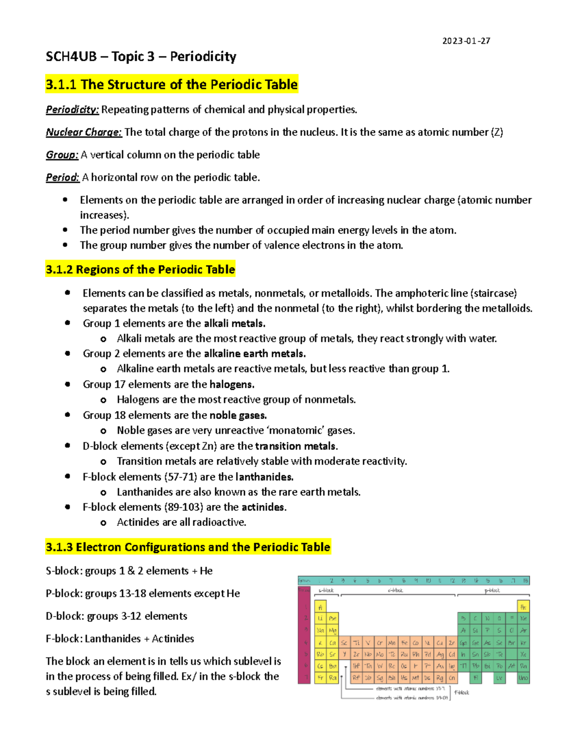 IB Chem SL Topic 3 Note - SCH4UB – Topic 3 – Periodicity 3.1 The ...