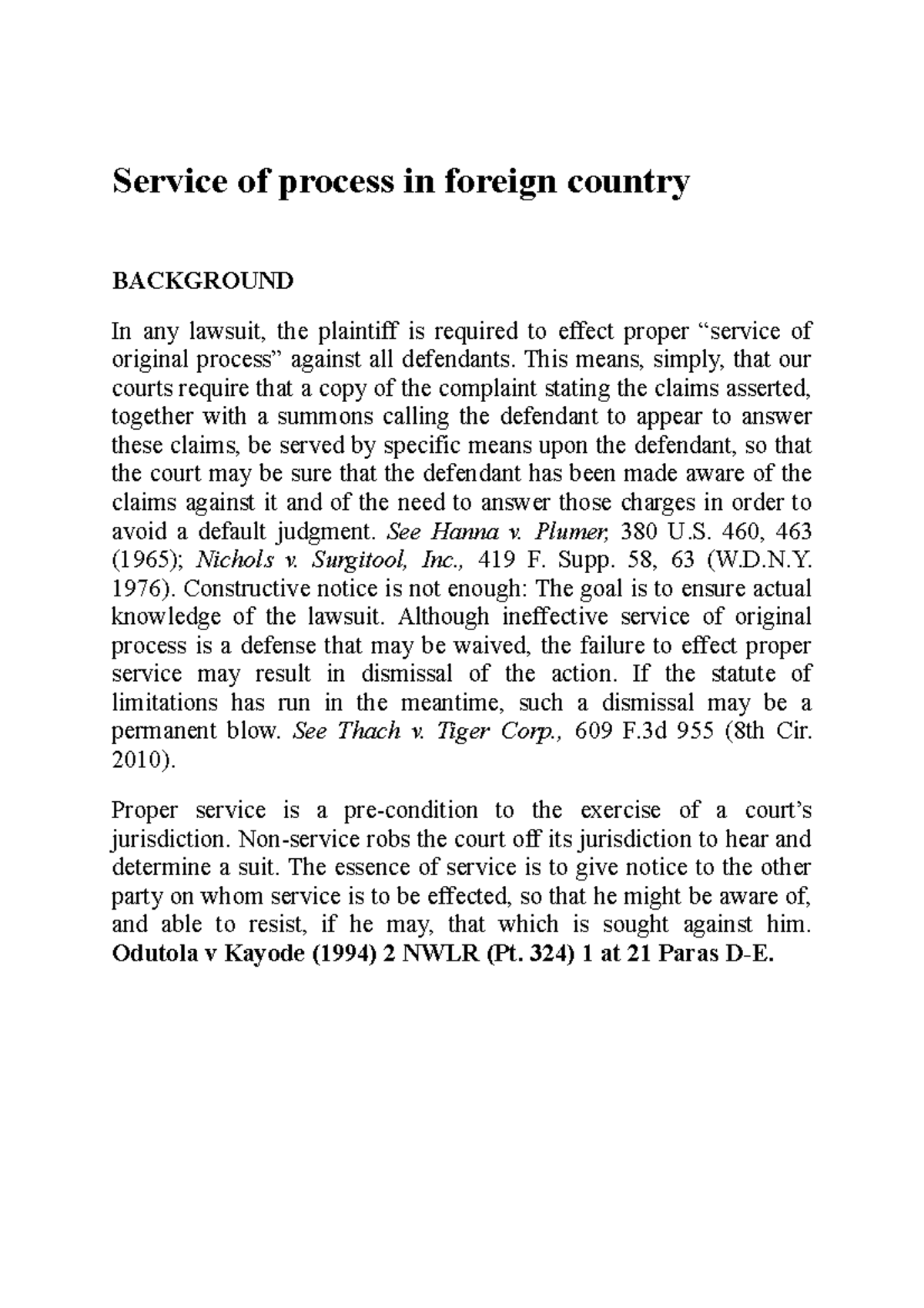Service of process in foreign country (Student Notes) - Service of ...