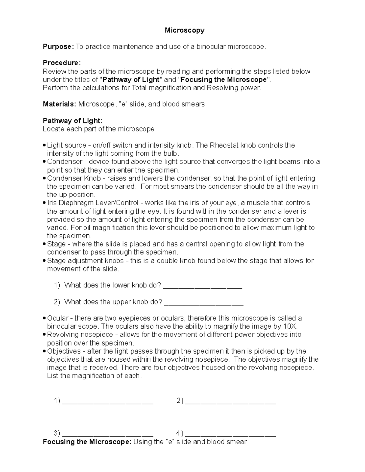 Microscopy lab lab micro Microscopy Purpose To practice