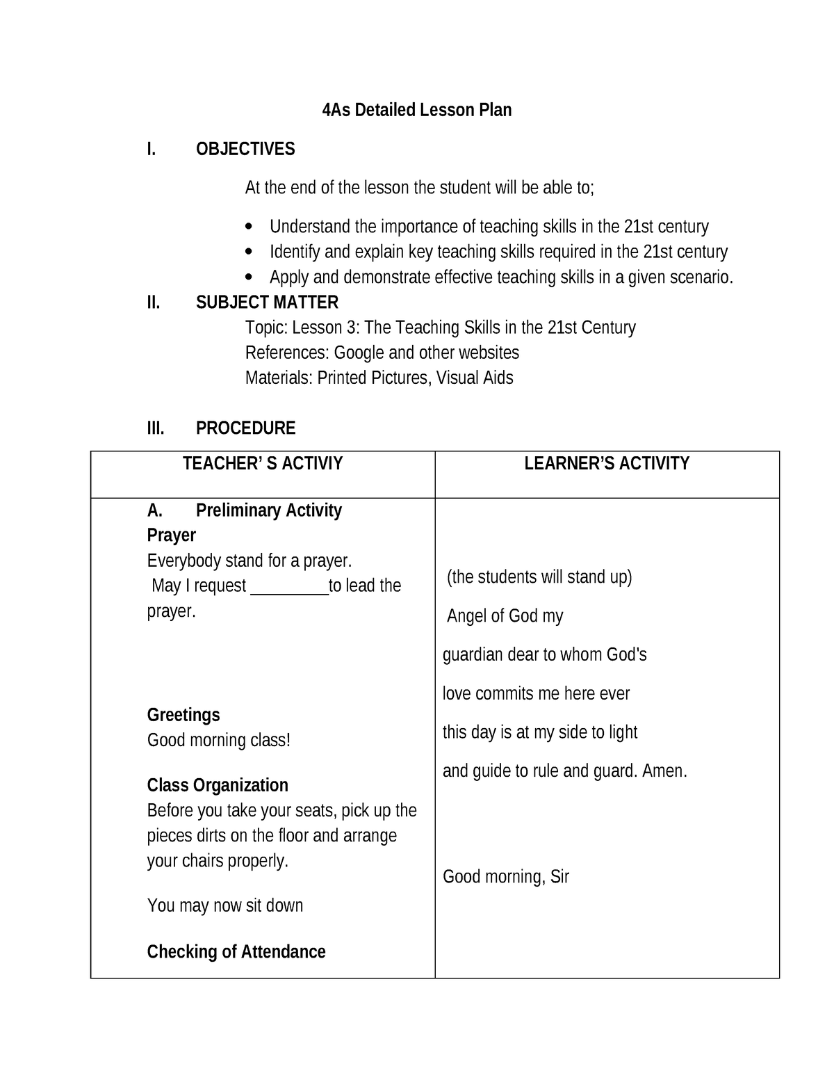 4As.Lesson Plan - 4As Detailed Lesson Plan I. OBJECTIVES At The End Of ...