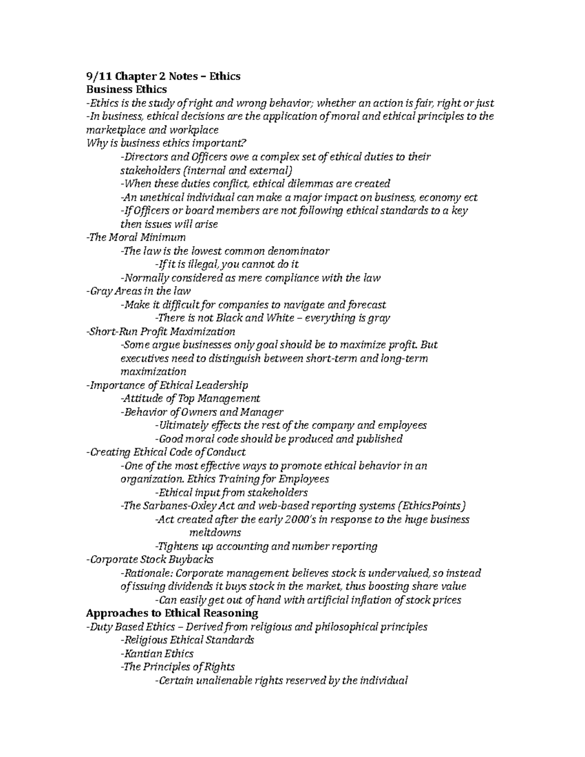 Chapter 2 - Business Ethics - Chapter 2 Notes Ethics Business Ethics Is ...