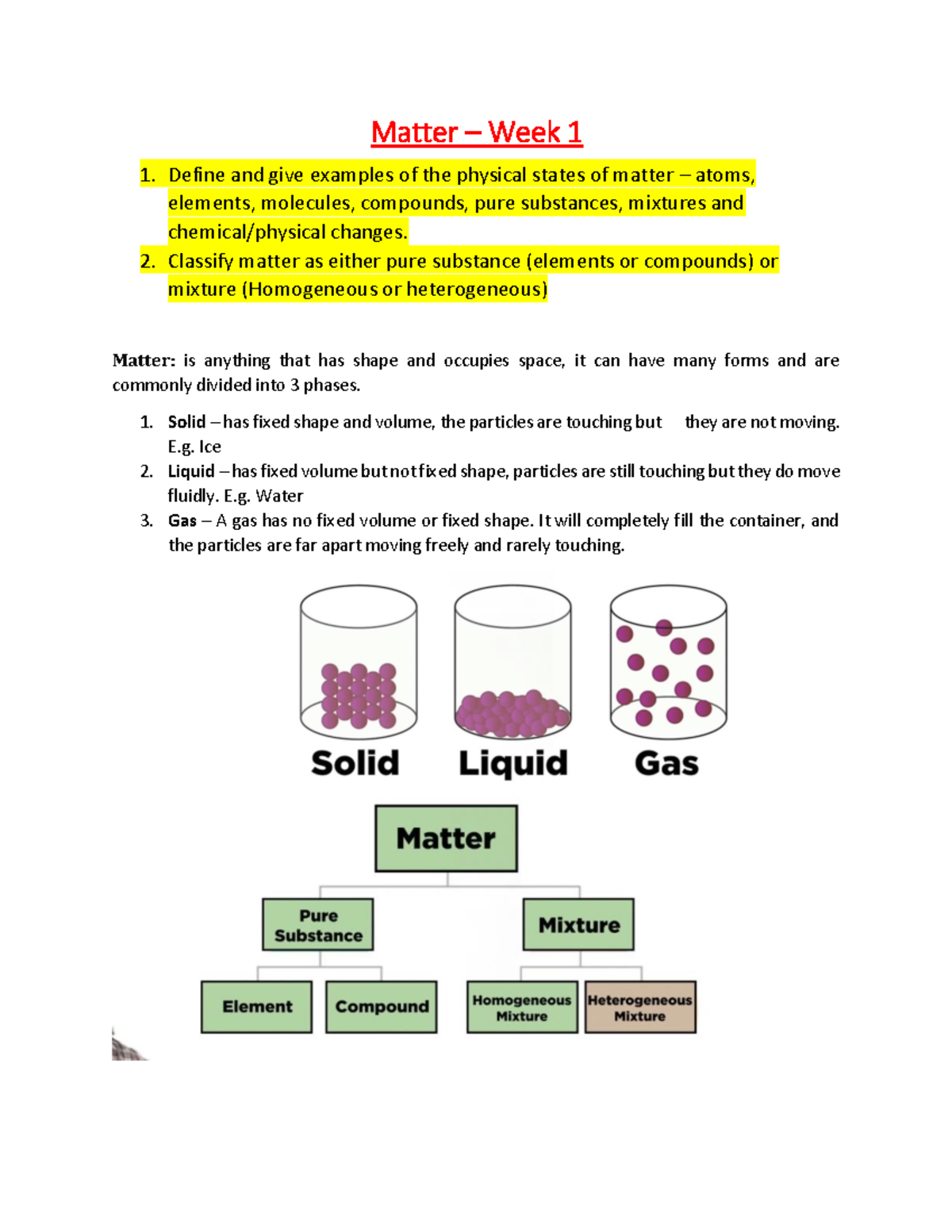 Week One - Chemistry 1 - Matter – Week 1 1. Define and give examples of ...