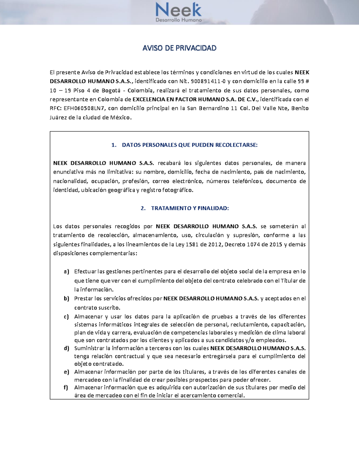 Aviso Privacidad Colombia - AVISO DE PRIVACIDAD El Presente Aviso De ...