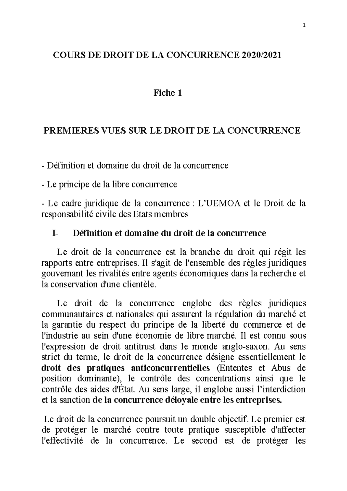 Cours DE Droit DE LA Concurrence 2020 COURS DE DROIT DE LA