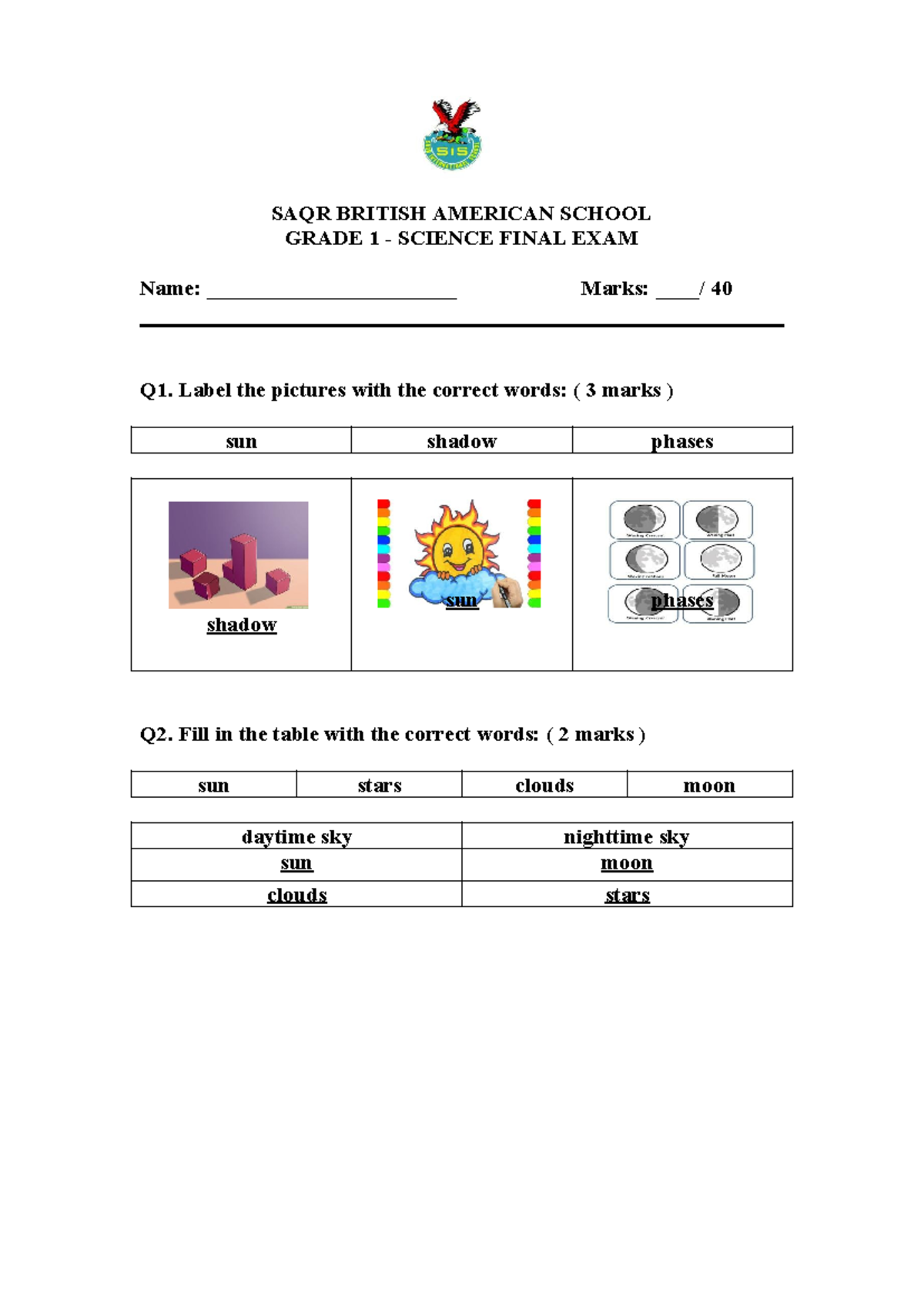 644381445 Grade 1 Science Final Exam with answers - SAQR BRITISH ...