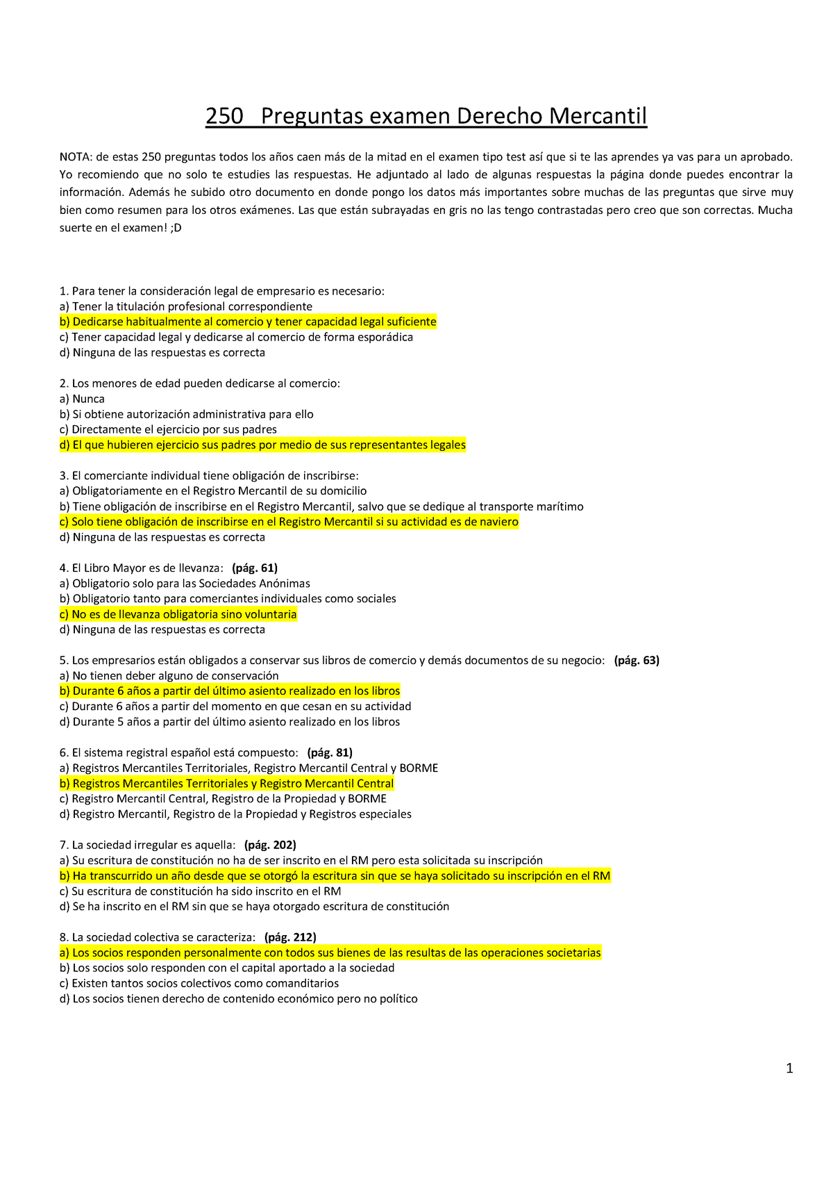 Test Mayo Preguntas Y Respuestas Preguntas Examen Derecho Mercantil Nota De