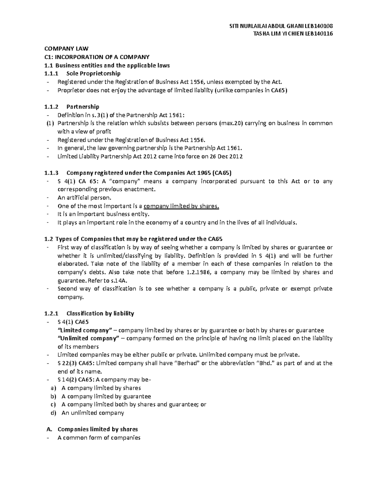 Incorporation P1 - Lecture notes 1 - Company Law - Studocu