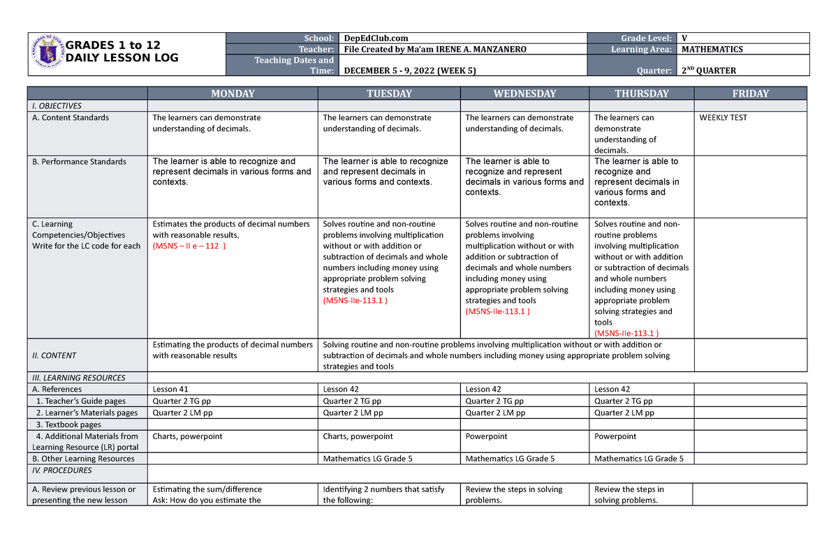 DLL Mathematics 5 Q2 W5 - Lesson Plan - GRADES 1 To 12 DAILY LESSON LOG ...