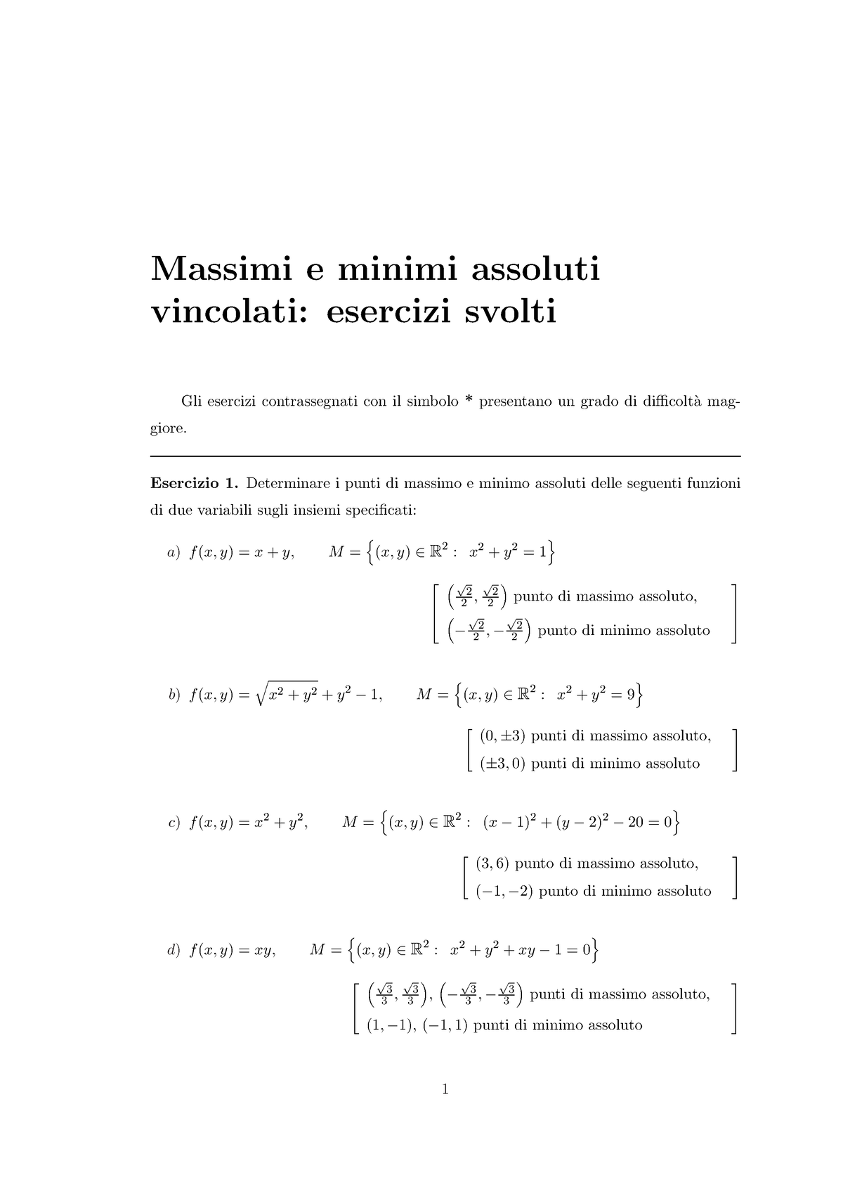 Svol Max Min Assoluti 2 Massimi E Minimi Assoluti Vincolati Esercizi Svolti Gli Esercizi 2325