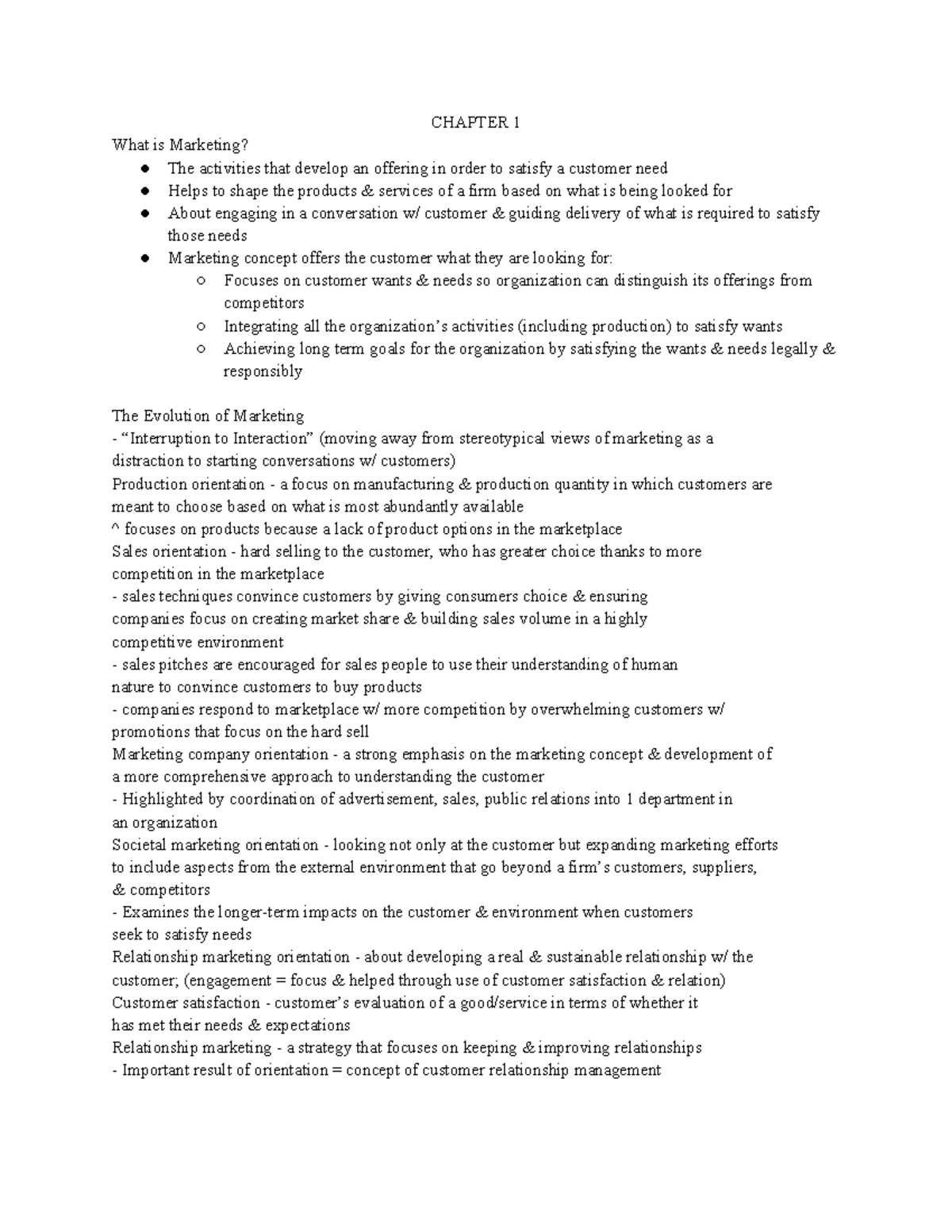 MKT 100 Lecture Notes Revised - CHAPTER 1 What is Marketing? The ...