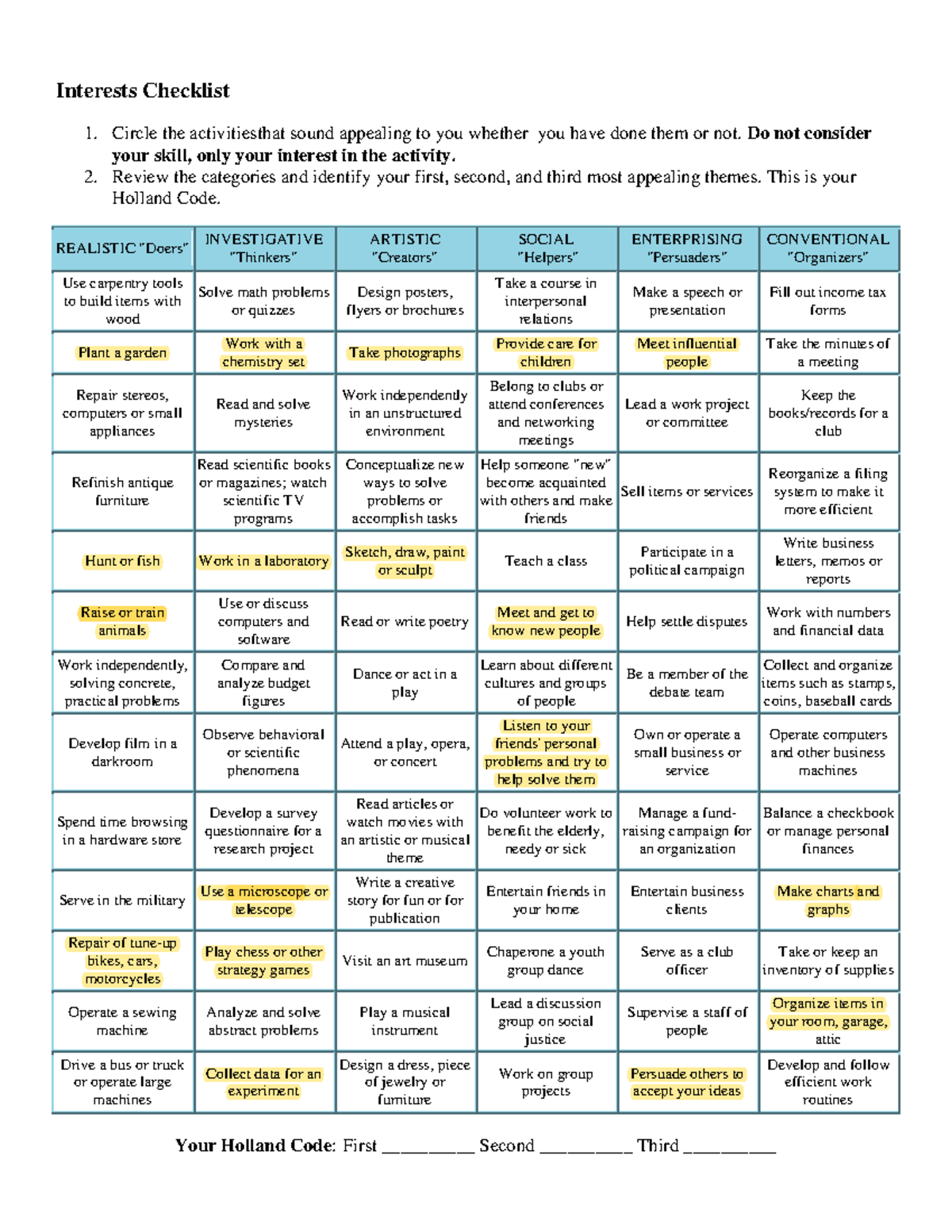 Interest Checklist - Bio Notes - 11 ~ I Interests Checklist 1. Circle ...