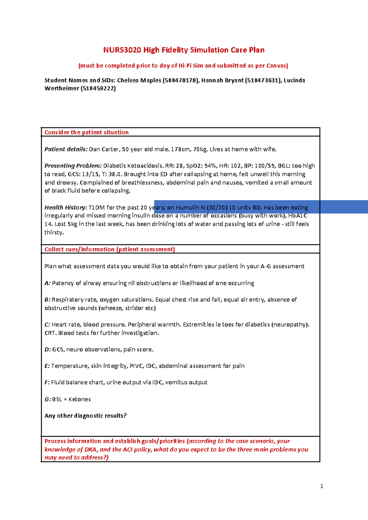 NURS3020 High Fidelity Simulation Care Plan - Studocu