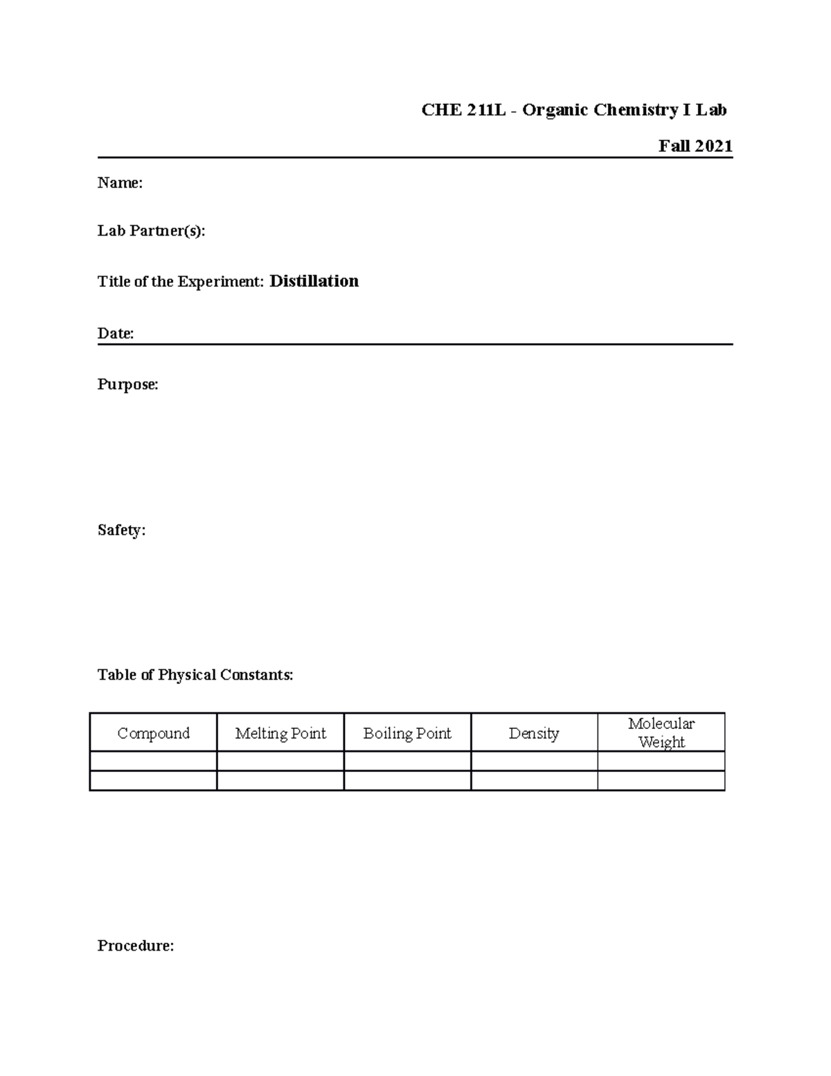 Distillation - HOMEWORK. - CHE 211L - Organic Chemistry I Lab Fall 2021 ...
