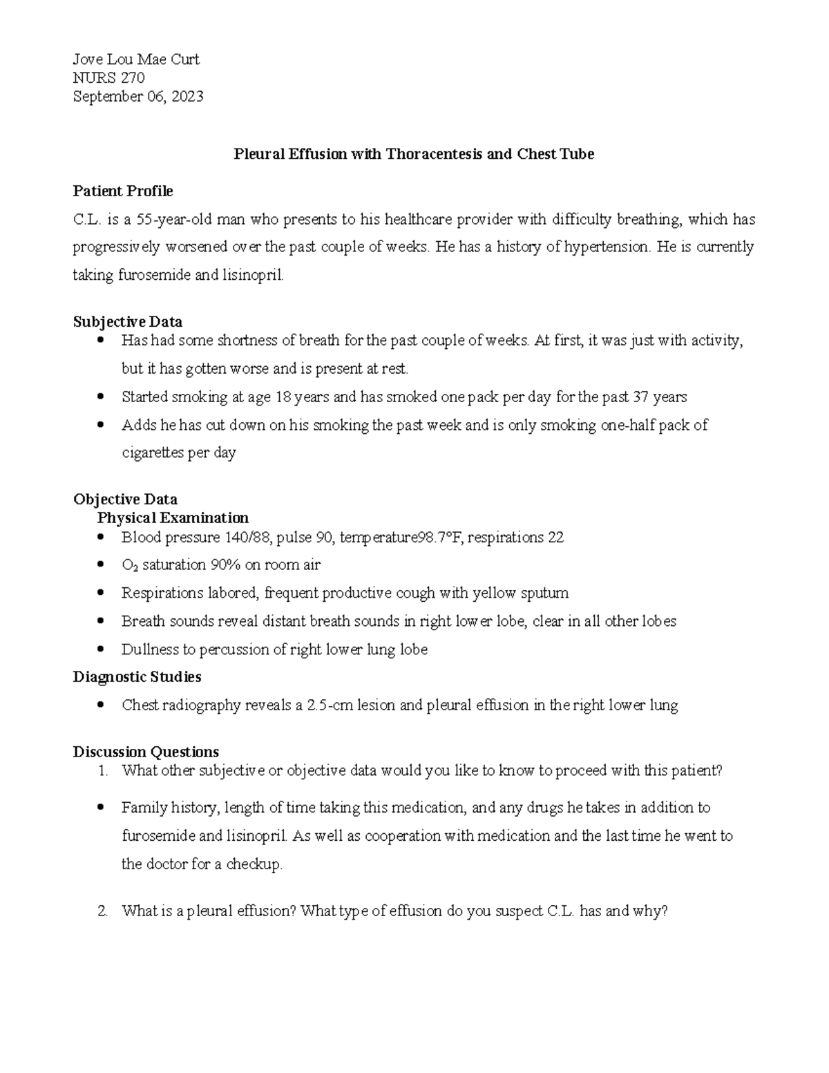 Case Study Pleural Effusion with Thoracentesis and Chest Tube NURS