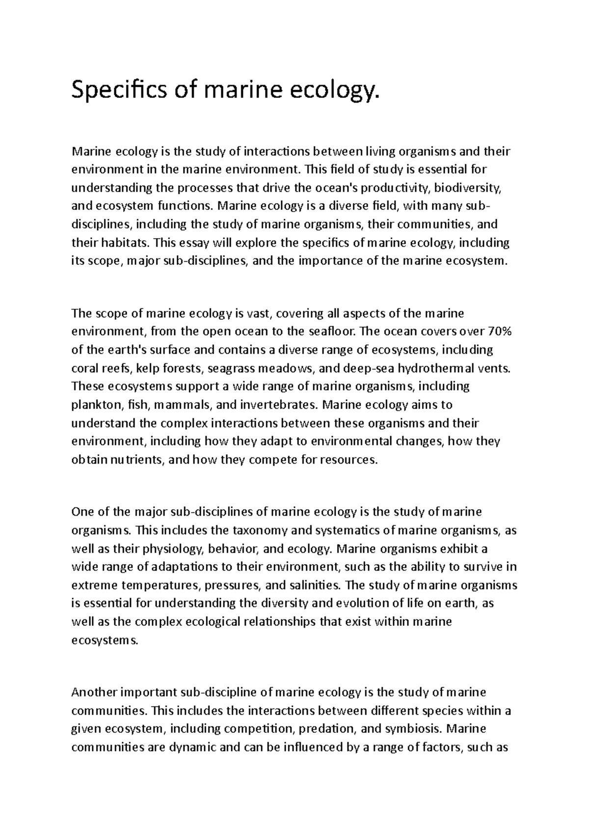 Brief note on Specifics of marine ecology Specifics of marine ecology