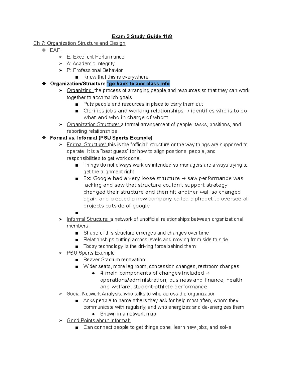 MGMT Exam #3 Review Guide - Exam 3 Study Guide 11/ Ch 7: Organization ...