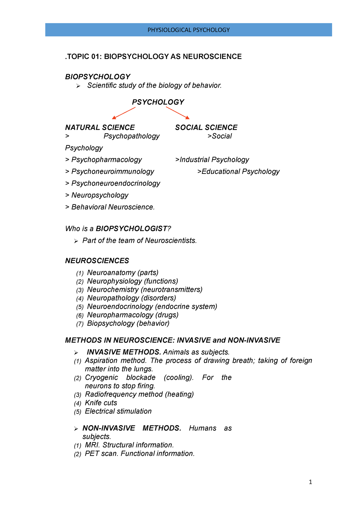 Physiological Psychology - .TOPIC 01: BIOPSYCHOLOGY AS NEUROSCIENCE ...