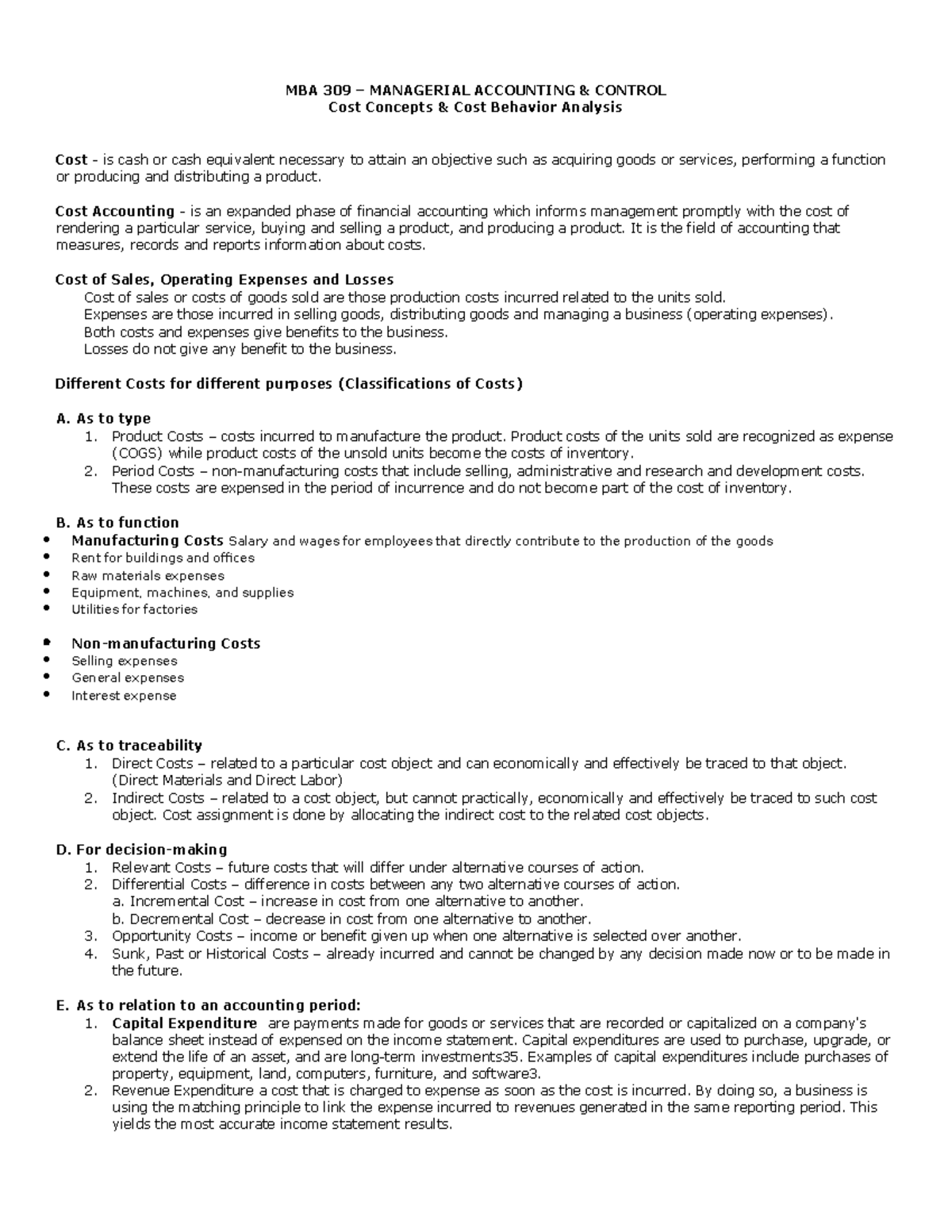 Cost Concepts and Cost Behavior Analysis - MBA 309 – MANAGERIAL ...