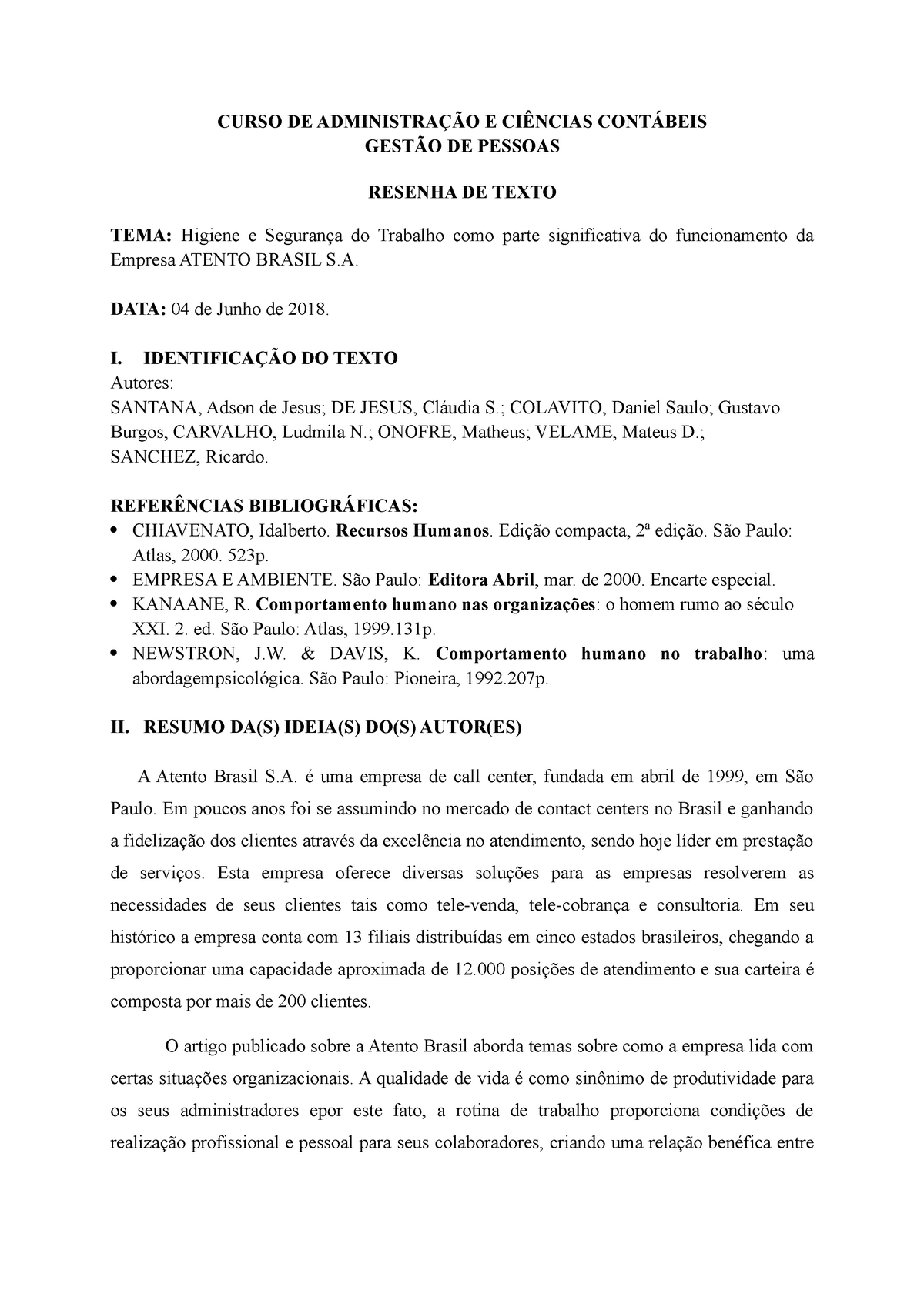 Higiene E Segurança Do Trabalho Curso De E De Pessoas Resenha De Texto Tema Higiene E Do 7704