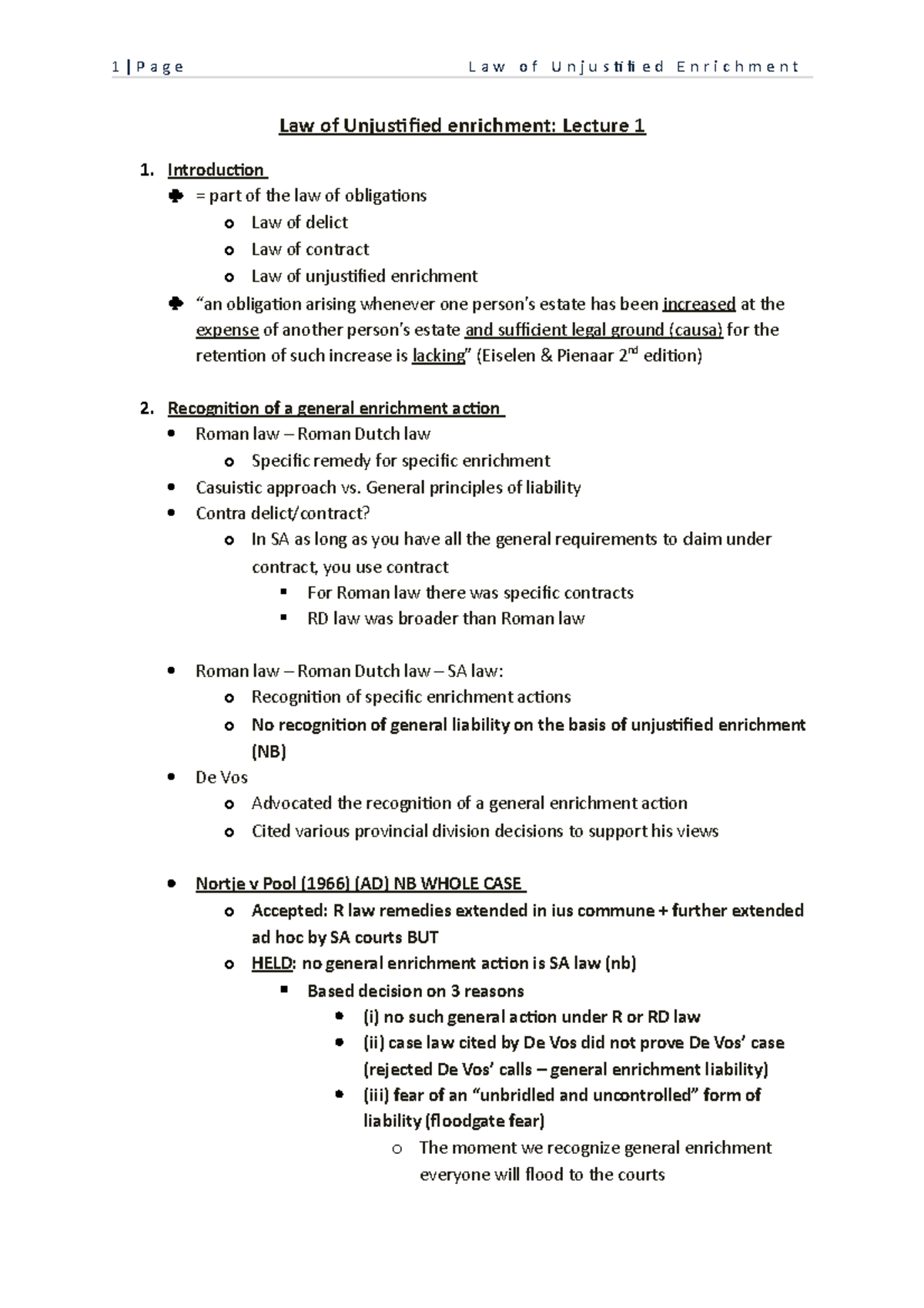 Lecture 1 Unjustified Enrichment Private Law Notes Law Of Unjustified 