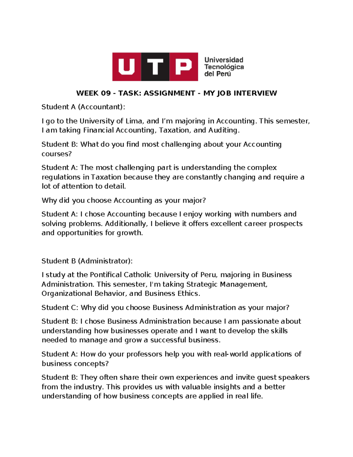 WEEK9S - WEEK 09 - TASK: ASSIGNMENT - MY JOB INTERVIEW Student A ...