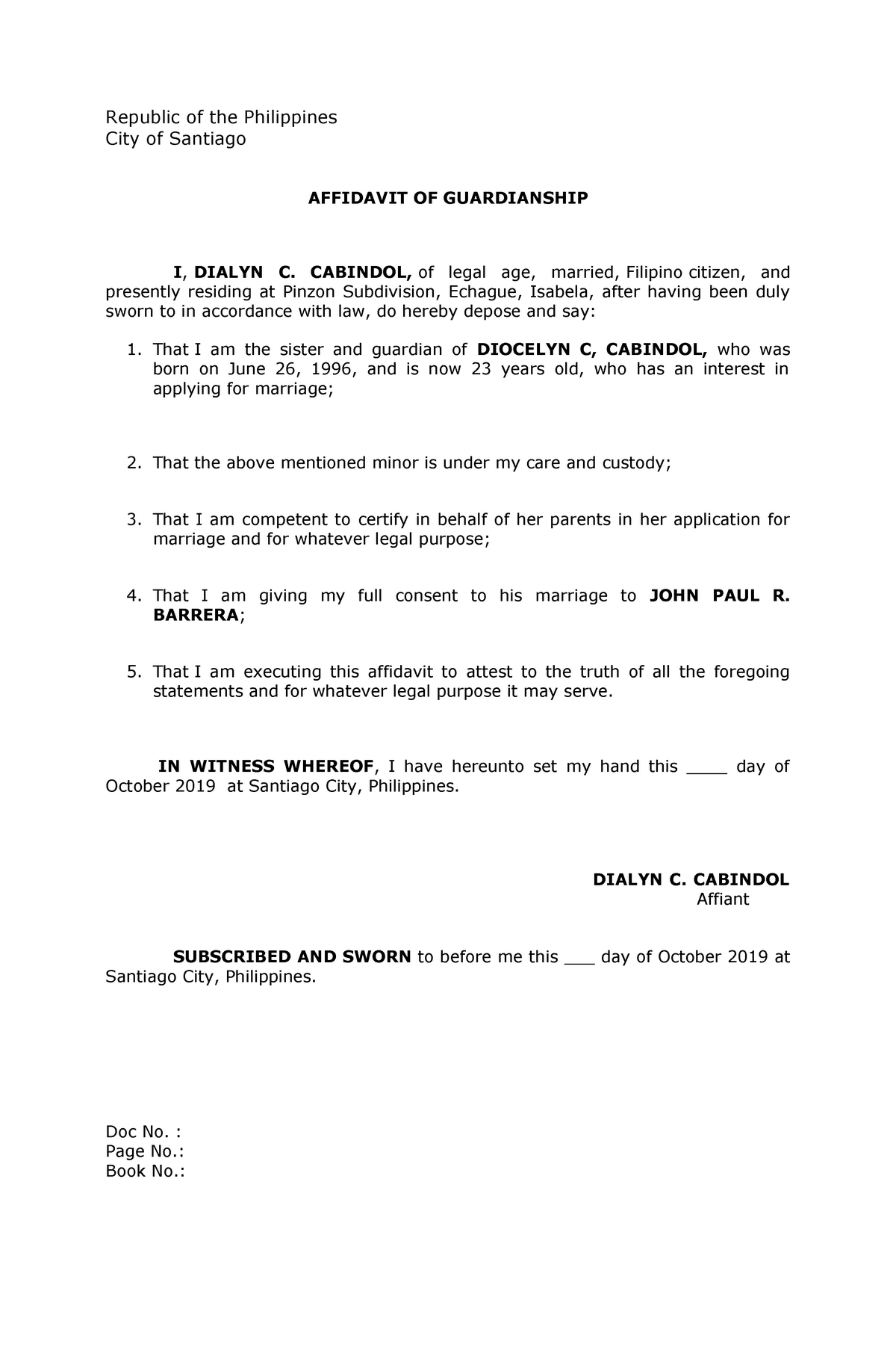 Aff Of Guardianship Feel Free To Read Republic Of The Philippines City Of Santiago Affidavit 3025