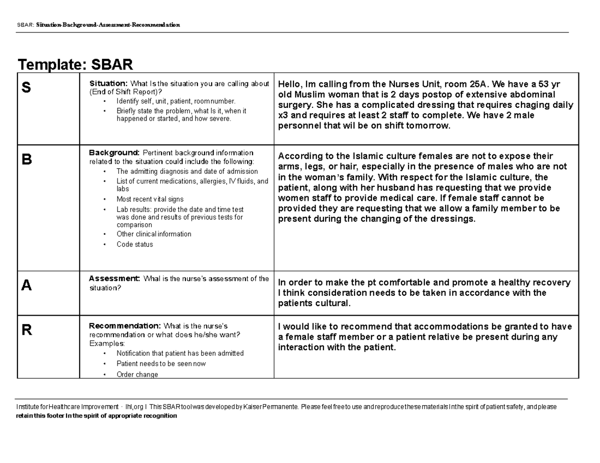 SBAR Form Cultural Diversity - SBAR: Situation-Background-Assessment ...