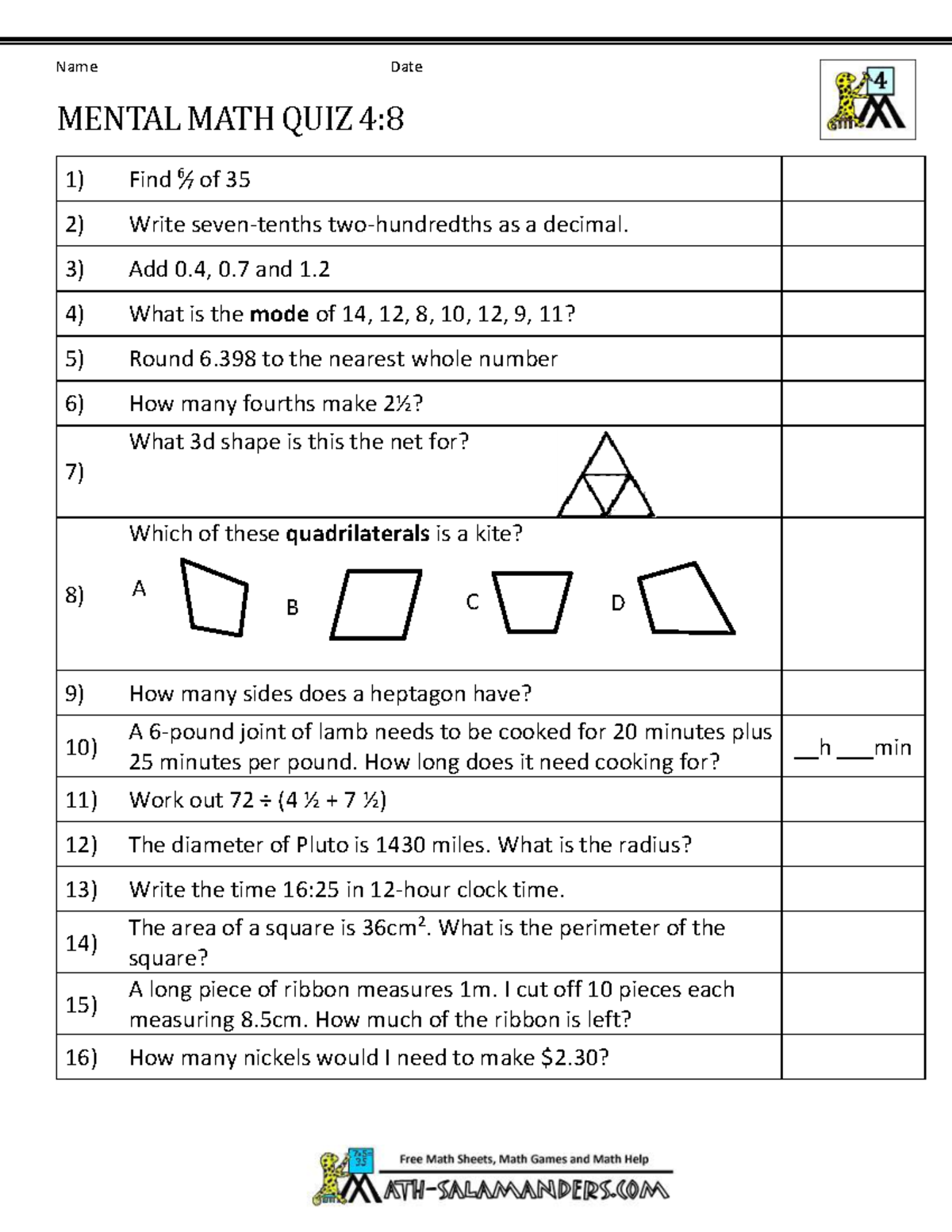 Mental math 4th grade 8 - Math - Name Date MENTAL MATH QUIZ 4: Find 6 ̸ ...