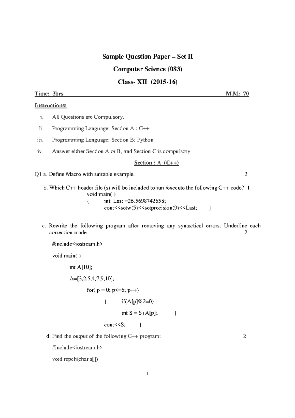 CBSE Class 12 Sample Paper Computer Science 2016 - Sample Question ...
