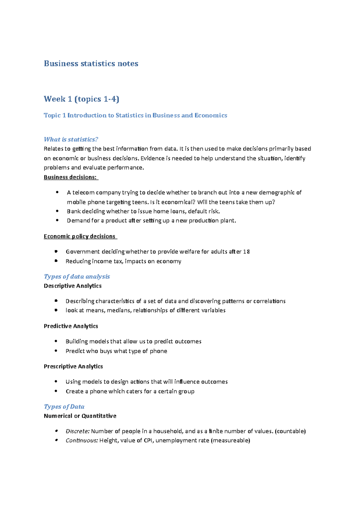 Bstats Notes - Weeks 1-4 - Business Statistics Notes Week 1 (topics 1-4 ...