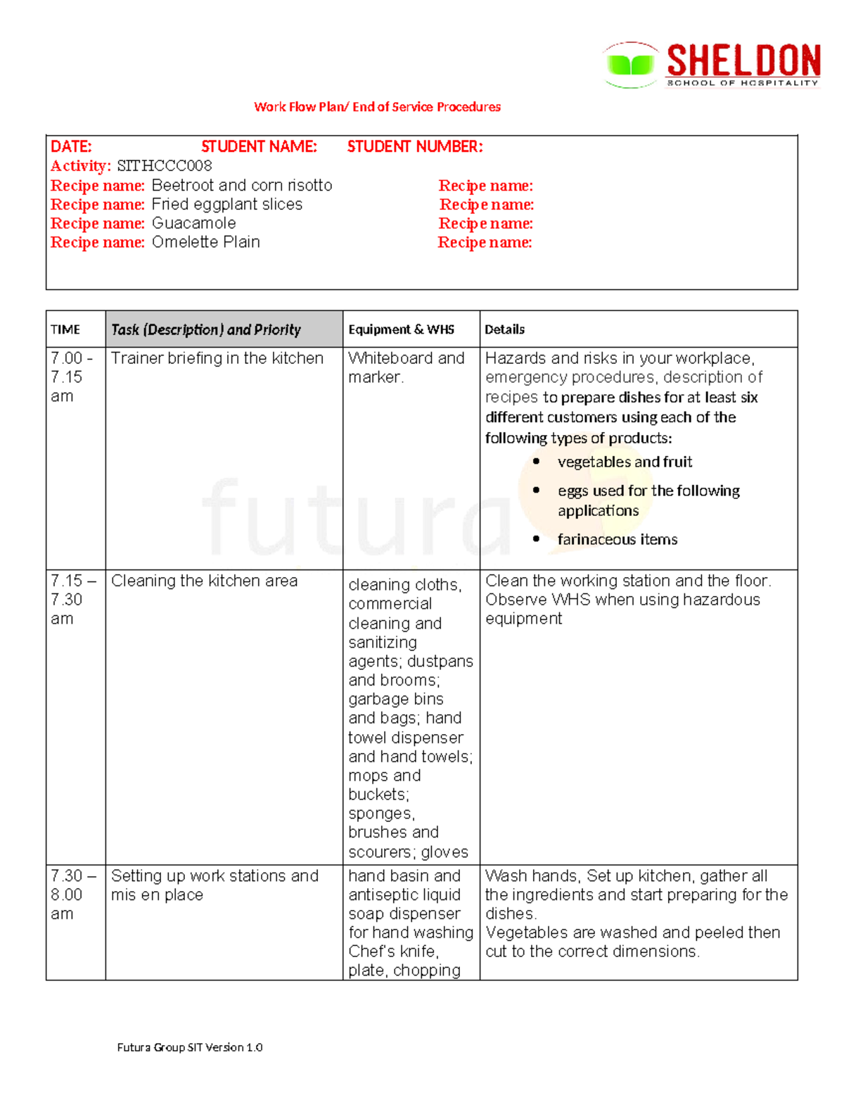 Workflow plan Sheldon Sithccc 008 - Work Flow Plan/ End of Service