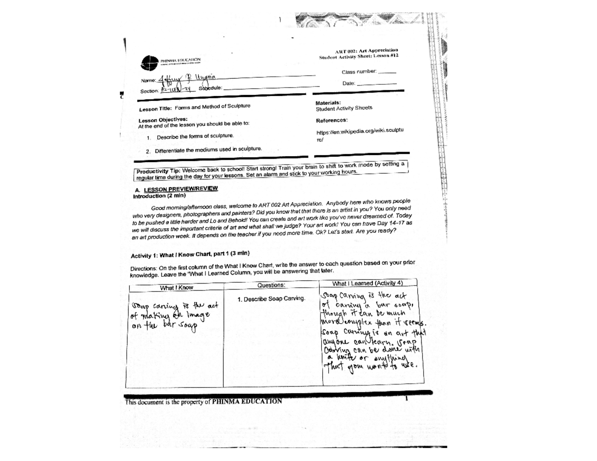 Sculpture activity with answers and notes also Civil Engineering